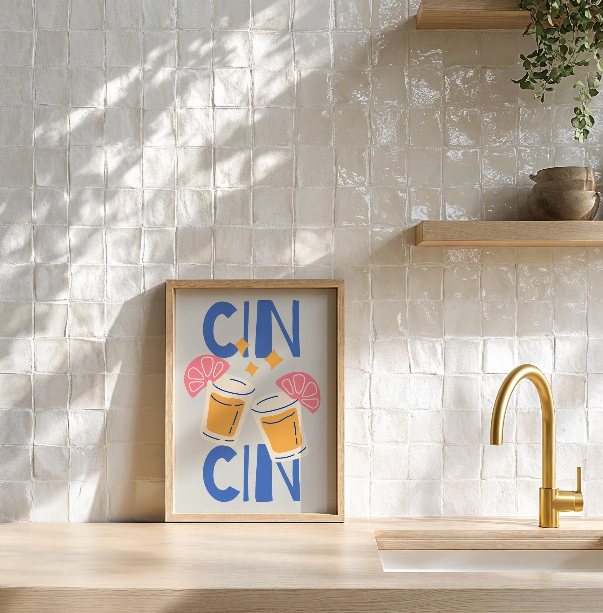 Illustration eines farbenfrohen „CIN CIN“-Posters mit zwei anstoßenden Cocktailgläsern, pinken Grapefruitscheiben, gelben Sternen und sommerlicher Farbpalette aus Blau, Orange und Pink. Ideal für Küche oder Bar.

English:
Colorful “CIN CIN” poster illustration with two clinking cocktail glasses, pink grapefruit slices, yellow sparkles, and a cheerful palette of blue, orange, and pink. Perfect for kitchen or bar décor.