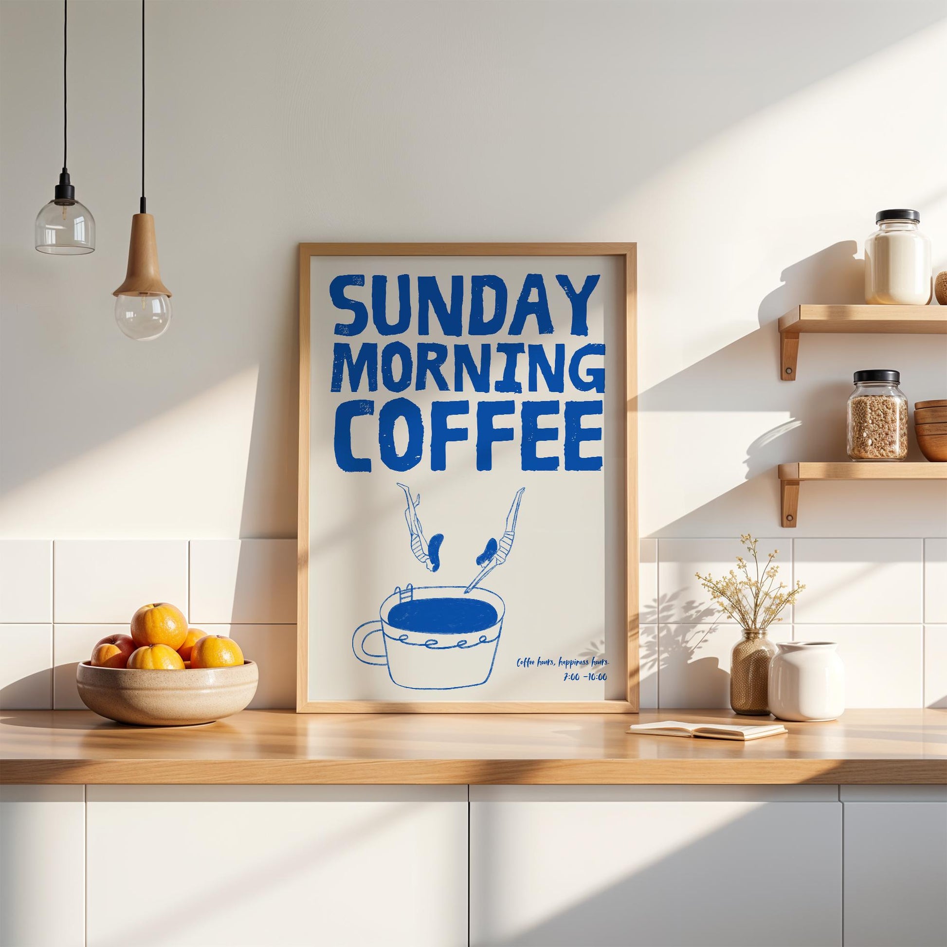Blue Sunday Morning Coffee Poster | Minimalist Coffee Art Print | Modern Wall Decor | Gift for Coffee Lovers | Digital Download