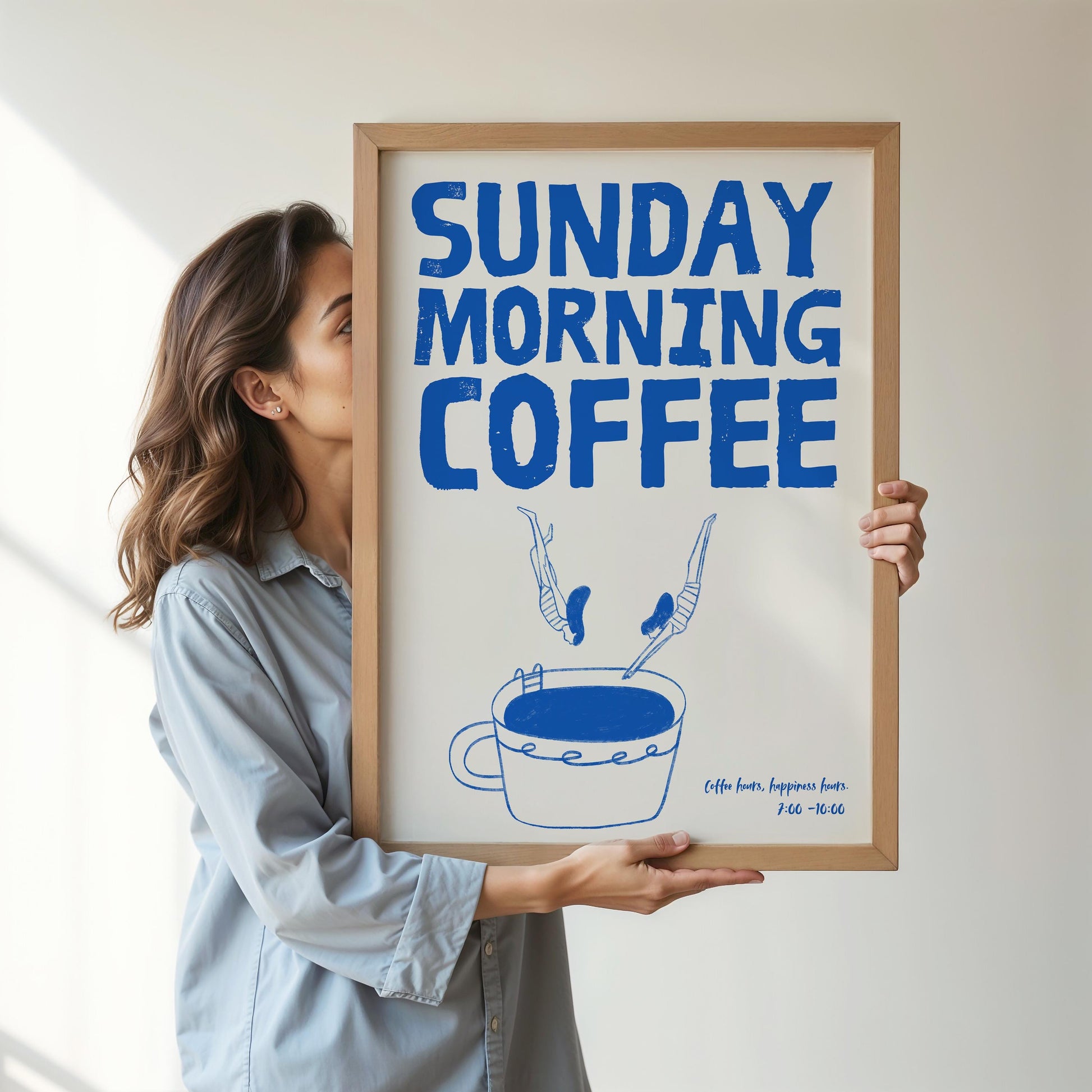 Blue Sunday Morning Coffee Poster | Minimalist Coffee Art Print | Modern Wall Decor | Gift for Coffee Lovers | Digital Download