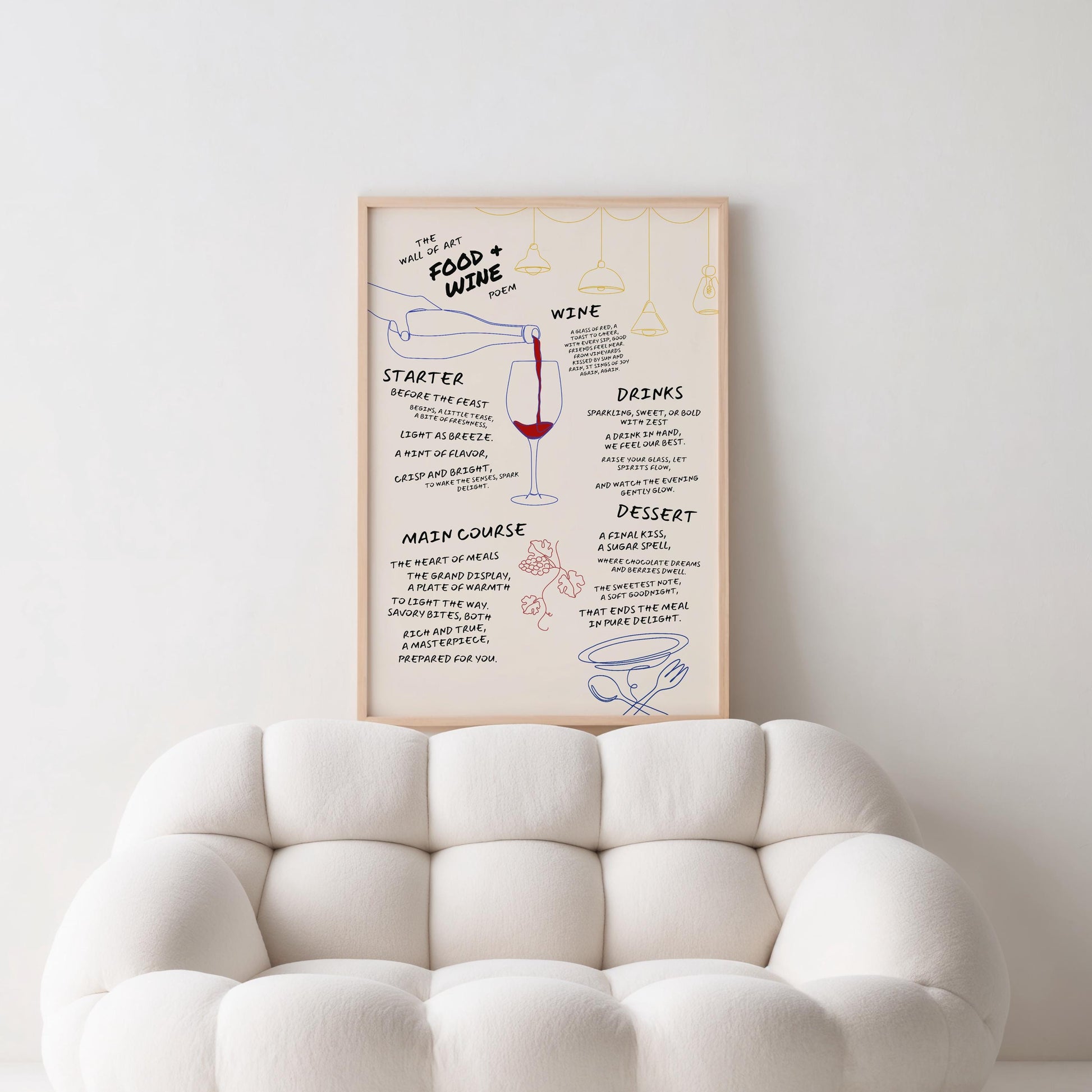 Handwritten food poem art print with minimalist one-line drawings of wine glass, grapes, tableware, and a hanging lamp, combining poetry and culinary design for stylish kitchen decor.

🖼 ALT-TEXT (DEUTSCH):
Handgeschriebenes Food-Gedicht als Kunstdruck mit minimalistischen One-Line-Zeichnungen von Weinglas, Trauben, Tellern und Hängelampe – eine Kombination aus Poesie und kulinarischer Ästhetik für stilvolle Küchendekoration.