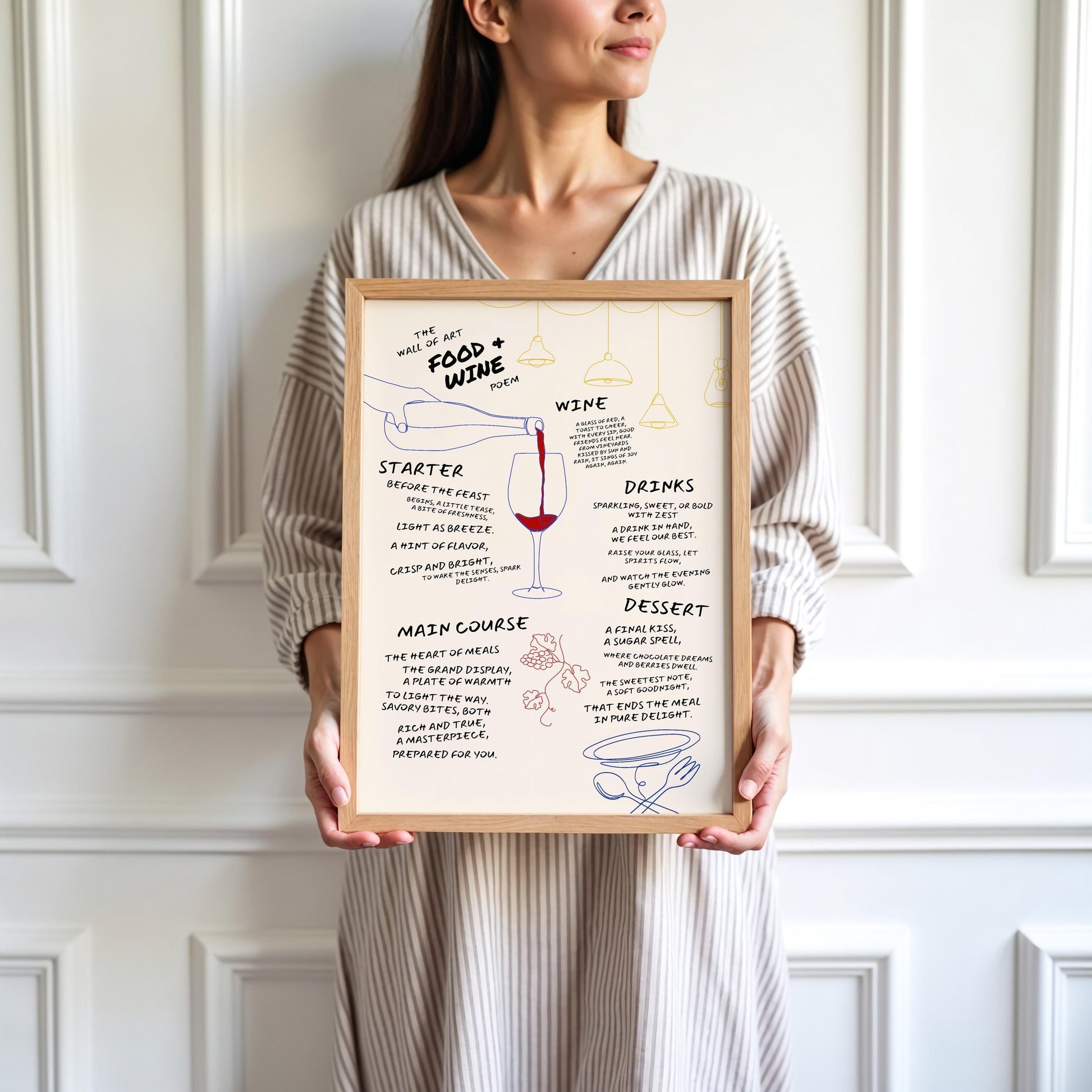 Handwritten food poem art print with minimalist one-line drawings of wine glass, grapes, tableware, and a hanging lamp, combining poetry and culinary design for stylish kitchen decor.

🖼 ALT-TEXT (DEUTSCH):
Handgeschriebenes Food-Gedicht als Kunstdruck mit minimalistischen One-Line-Zeichnungen von Weinglas, Trauben, Tellern und Hängelampe – eine Kombination aus Poesie und kulinarischer Ästhetik für stilvolle Küchendekoration.