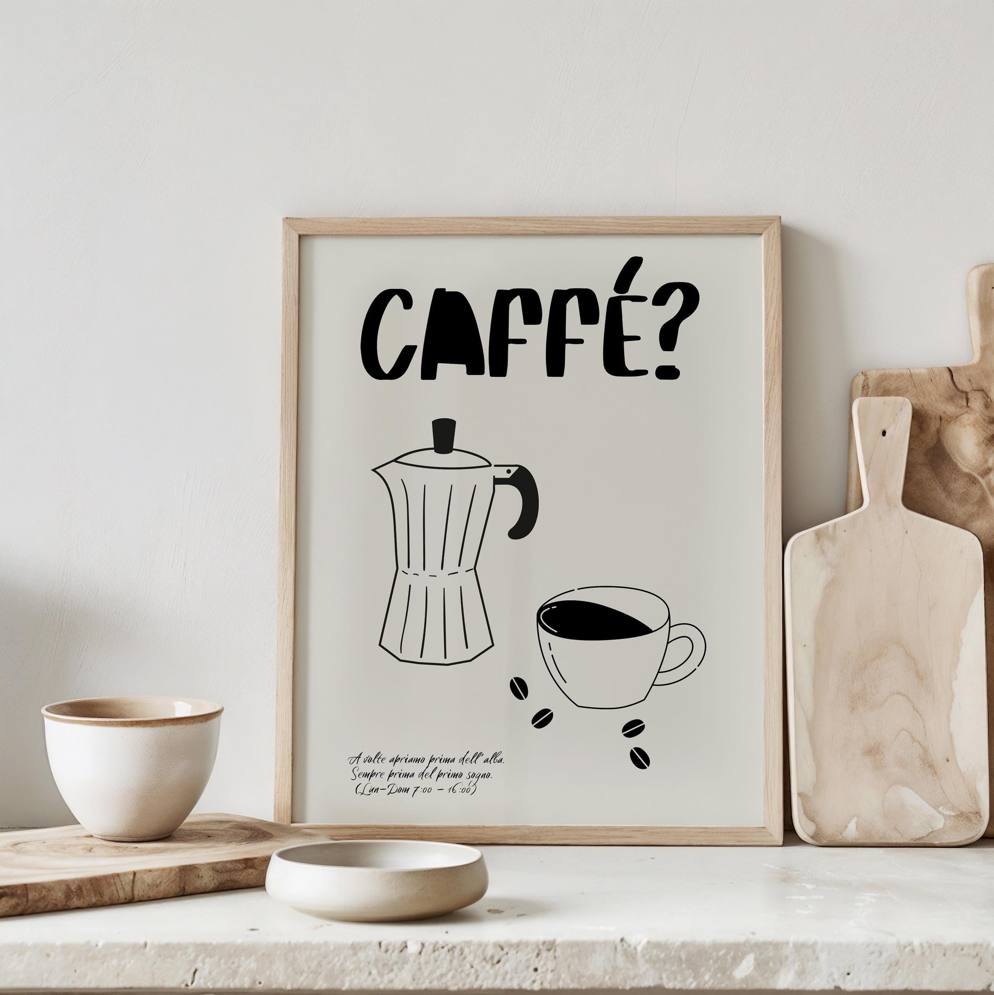 Minimalist coffee poster featuring bold “CAFFÉ?” text, hand-drawn moka pot and espresso cup on neutral beige background, with poetic Italian café quote and modern hipster aesthetic.

🇩🇪 Deutscher ALT-Text:
Minimalistisches Kaffee-Poster mit „CAFFÉ?“-Schriftzug, handgezeichneter Mokkakanne und Espressotasse auf beigem Hintergrund, inklusive poetischem italienischen Café-Zitat im modernen Hipster-Stil.