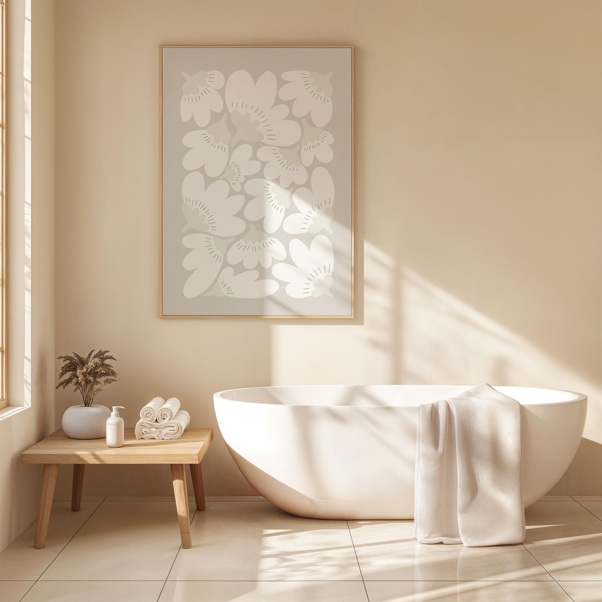 Stilisiertes Blumenmuster auf hellem Hintergrund. Die weißen Blüten mit hellgrauen Kelchen und feinen grünen Strichen wirken ruhig und modern. Perfekt als minimalistisches Wandbild im skandinavischen Stil, ideal für Wohnräume, Büros oder als Geschenk.

Englisch:
Stylized floral pattern on a light background. White flowers with pale gray centers and delicate green lines create a calm and modern look. Ideal as minimalist wall art in Scandinavian style, perfect for living spaces, offices, or