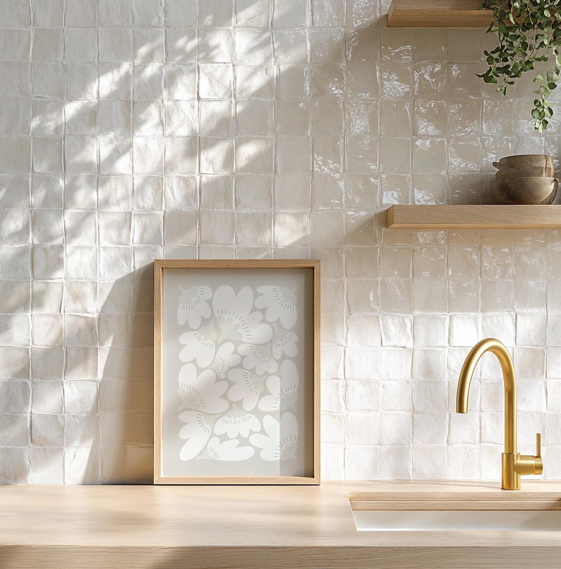 Stilisiertes Blumenmuster auf hellem Hintergrund. Die weißen Blüten mit hellgrauen Kelchen und feinen grünen Strichen wirken ruhig und modern. Perfekt als minimalistisches Wandbild im skandinavischen Stil, ideal für Wohnräume, Büros oder als Geschenk.

Englisch:
Stylized floral pattern on a light background. White flowers with pale gray centers and delicate green lines create a calm and modern look. Ideal as minimalist wall art in Scandinavian style, perfect for living spaces, offices, or