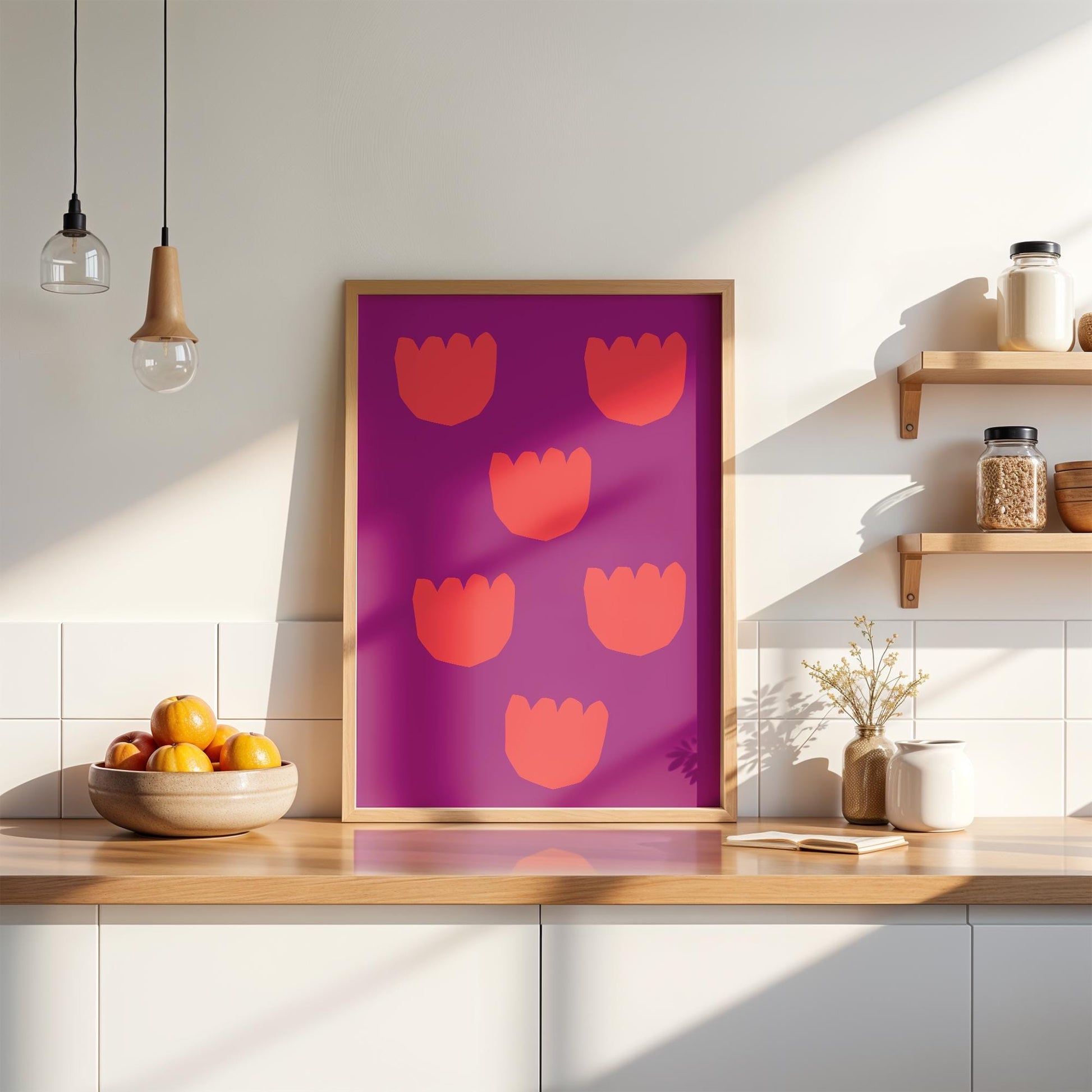 Minimalist flower print with six stylized red tulip-like shapes on a violet background, arranged in two vertical rows. Flat, graphic vector style artwork suitable for modern decor.

🇩🇪 Deutsch:
Minimalistisches Blumenbild mit sechs stilisierten roten Blüten auf violettem Hintergrund, in zwei vertikalen Reihen angeordnet. Flacher, grafischer Vektor-Stil für moderne Einrichtung.