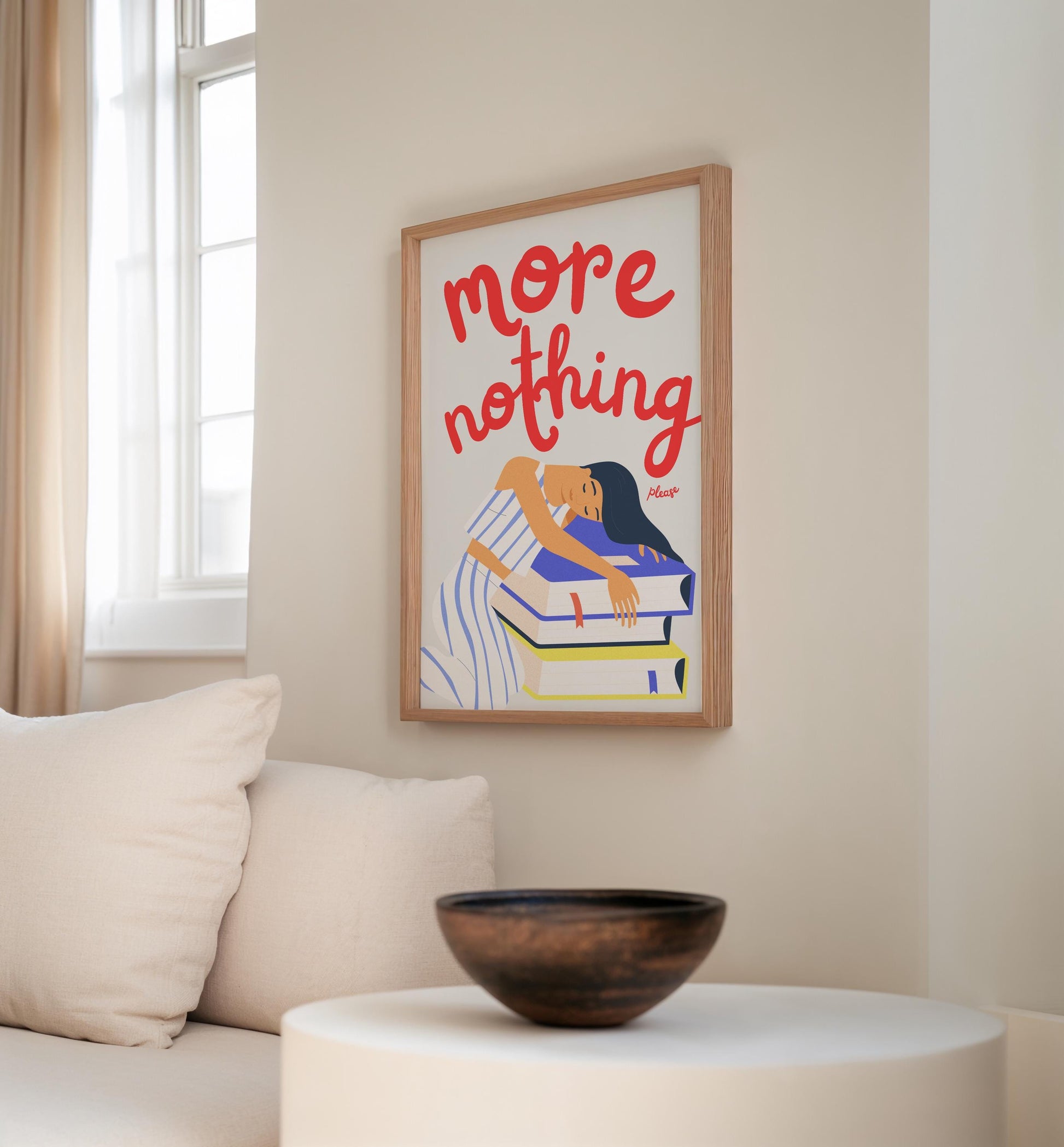 Digitale Illustration einer Frau mit langen dunklen Haaren, die erschöpft auf einem Stapel großer Bücher schläft. Sie trägt ein gestreiftes Outfit und wirkt entspannt. Über ihr steht in roter Schrift „more nothing please“. Modern, humorvoll und ruhig gestaltetDigital illustration of a woman with long dark hair sleeping on a pile of large books. She wears a striped outfit and looks peaceful. Above her is playful red text reading “more nothing please”. Modern, humorous, and calming visual style.