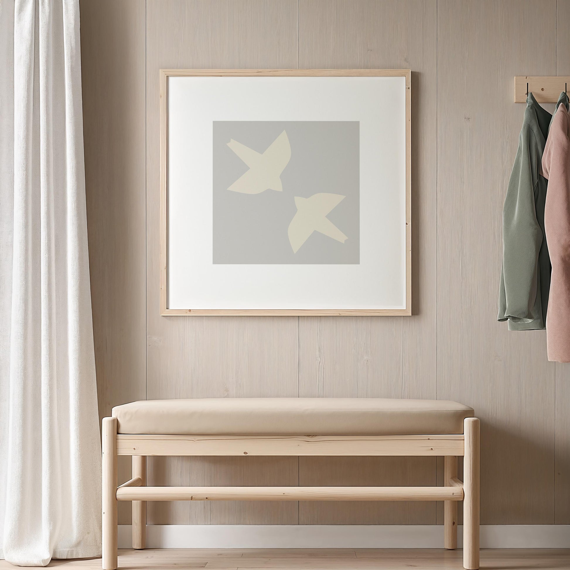 Zwei stilisierte Vögel in hellem Beige fliegen ruhig auf einem einfarbig grauen Hintergrund, minimalistisches Design im skandinavischen Stil – digitales Poster für moderne, naturinspirierte Wohnräume.

🇬🇧 English:
Two stylized birds in soft beige flying peacefully on a solid grey background, minimalist design in Scandinavian style – digital poster for modern, nature-inspired interiors.