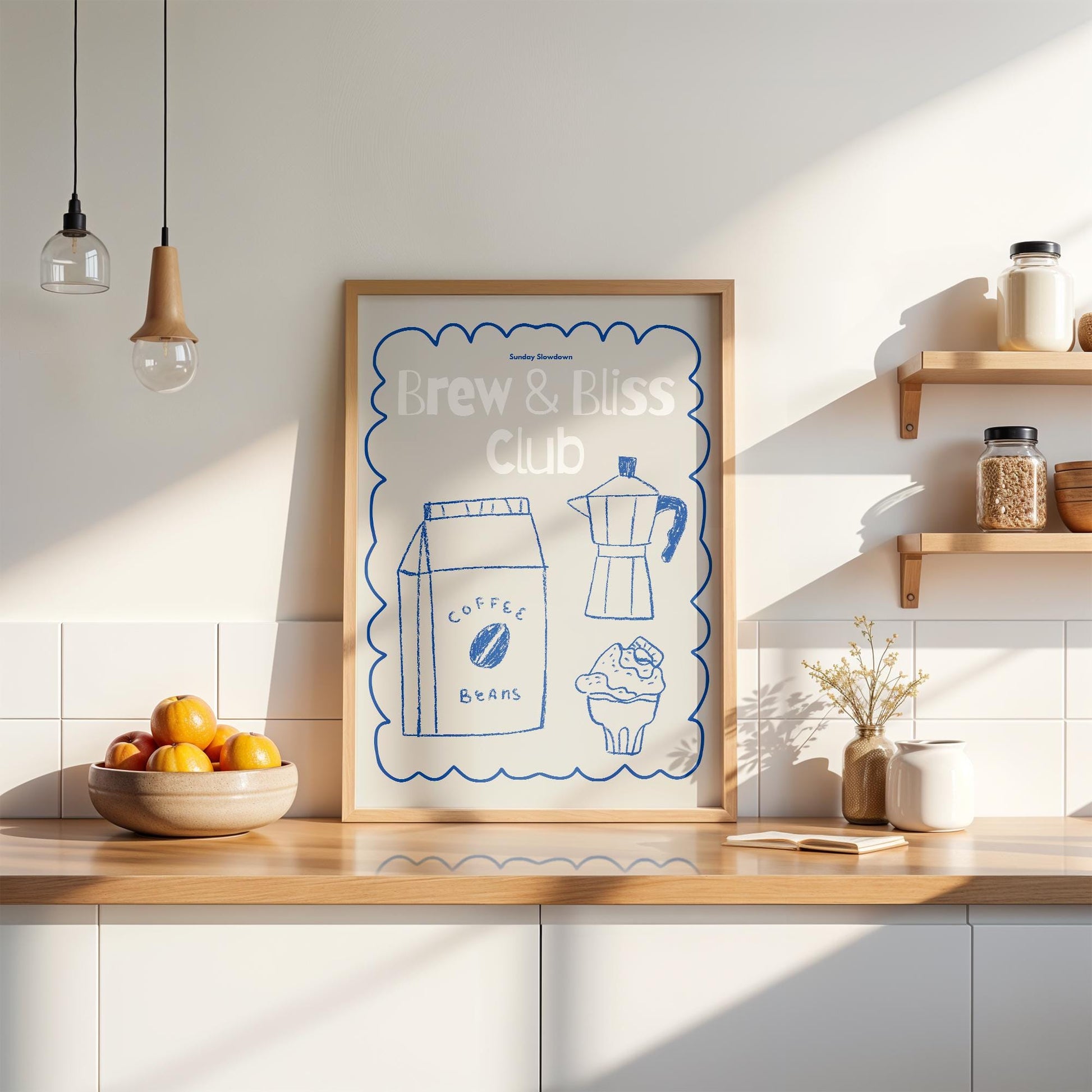 Hand-drawn poster with the title &quot;Brew & Bliss Club&quot;, featuring blue line art of coffee beans, moka pot, and dessert on a beige background, surrounded by a wavy blue frame. Perfect for coffee lovers and cozy home decor.

🇩🇪 DEUTSCH:
Handgezeichnetes Poster mit dem Titel „Brew & Bliss Club“, zeigt blaue Linienzeichnungen von Kaffeebohnen, Espressokanne und Dessert auf beigem Hintergrund mit welligem blauen Rahmen. Ideal für Kaffeeliebhaber und gemütliche Deko.