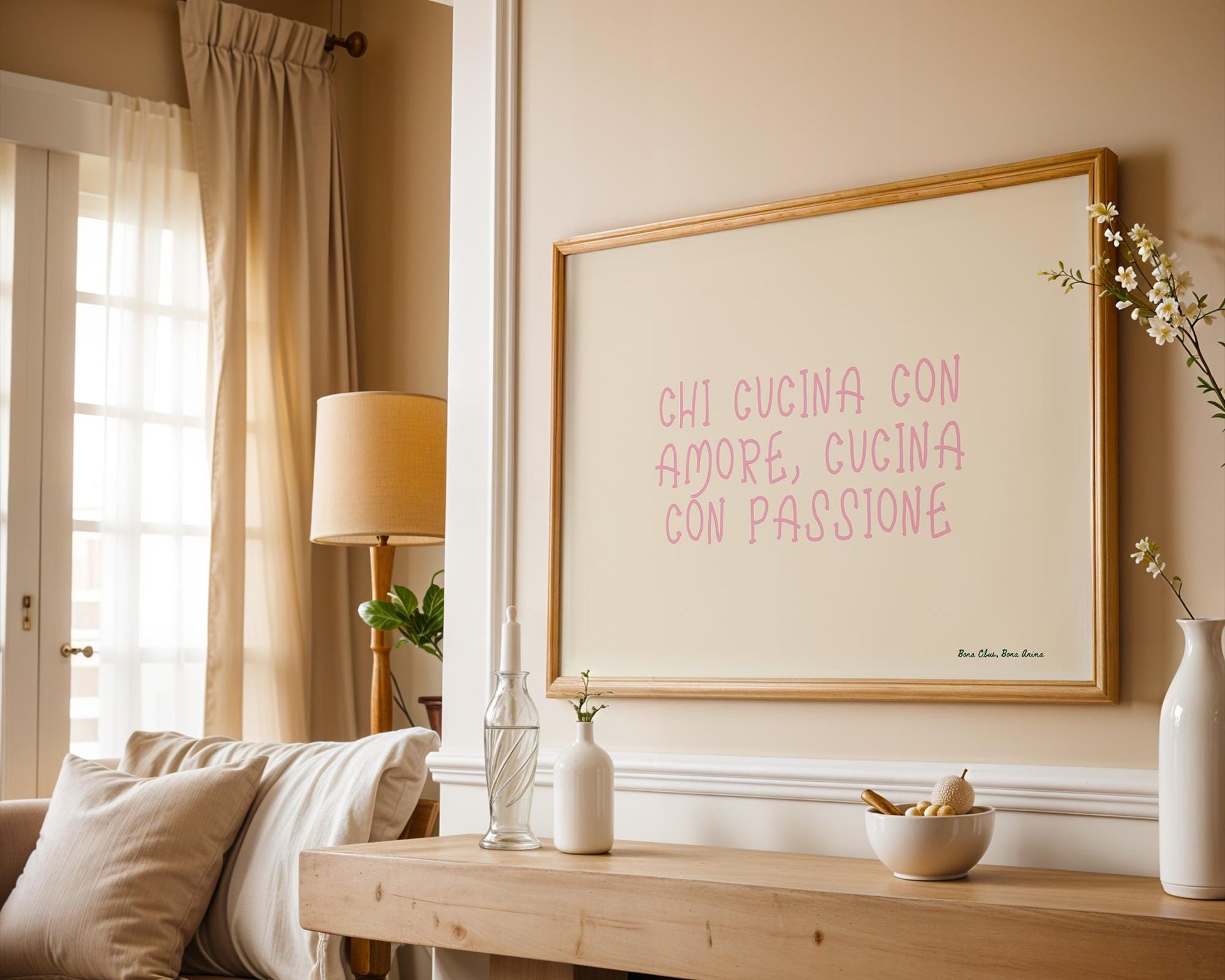 Chi Cucina Con Amore, Cucina Con Passione Poster| Handwritten Typography | Beige And Pink  | Kitchen Decor | Foodie Gift