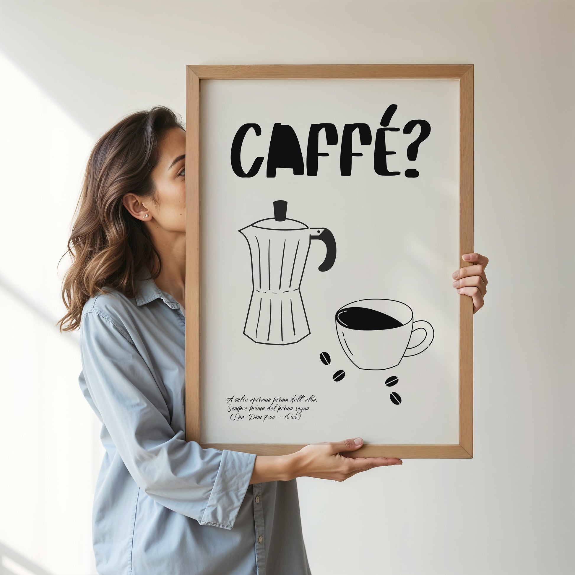 Minimalist coffee poster featuring bold “CAFFÉ?” text, hand-drawn moka pot and espresso cup on neutral beige background, with poetic Italian café quote and modern hipster aesthetic.

🇩🇪 Deutscher ALT-Text:
Minimalistisches Kaffee-Poster mit „CAFFÉ?“-Schriftzug, handgezeichneter Mokkakanne und Espressotasse auf beigem Hintergrund, inklusive poetischem italienischen Café-Zitat im modernen Hipster-Stil.
