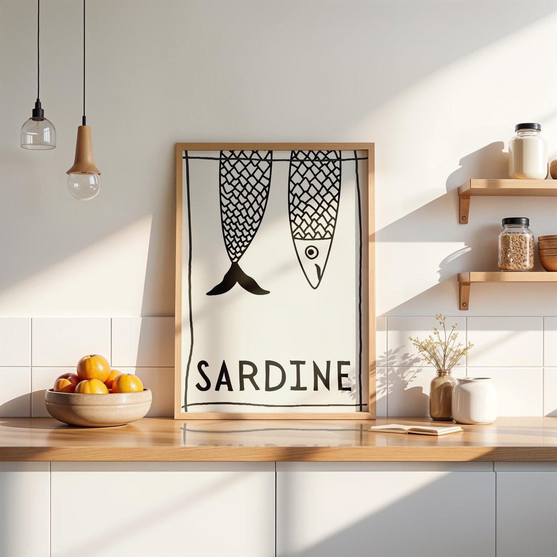 Black and white hand-drawn illustration of two hanging sardines with graphic scale patterns, one visible with eye and head, the other only showing the tail, framed in loose black lines, with the word &quot;SARDINE&quot; written in bold letters below.

🇩🇪 DEUTSCH:
Schwarz-weiße, handgezeichnete Illustration von zwei hängenden Sardinen mit grafischem Schuppenmuster, eine mit Kopf und Auge sichtbar, die andere zeigt nur den Schwanz, umrahmt von lockeren schwarzen Linien, darunter steht „SARDINE“