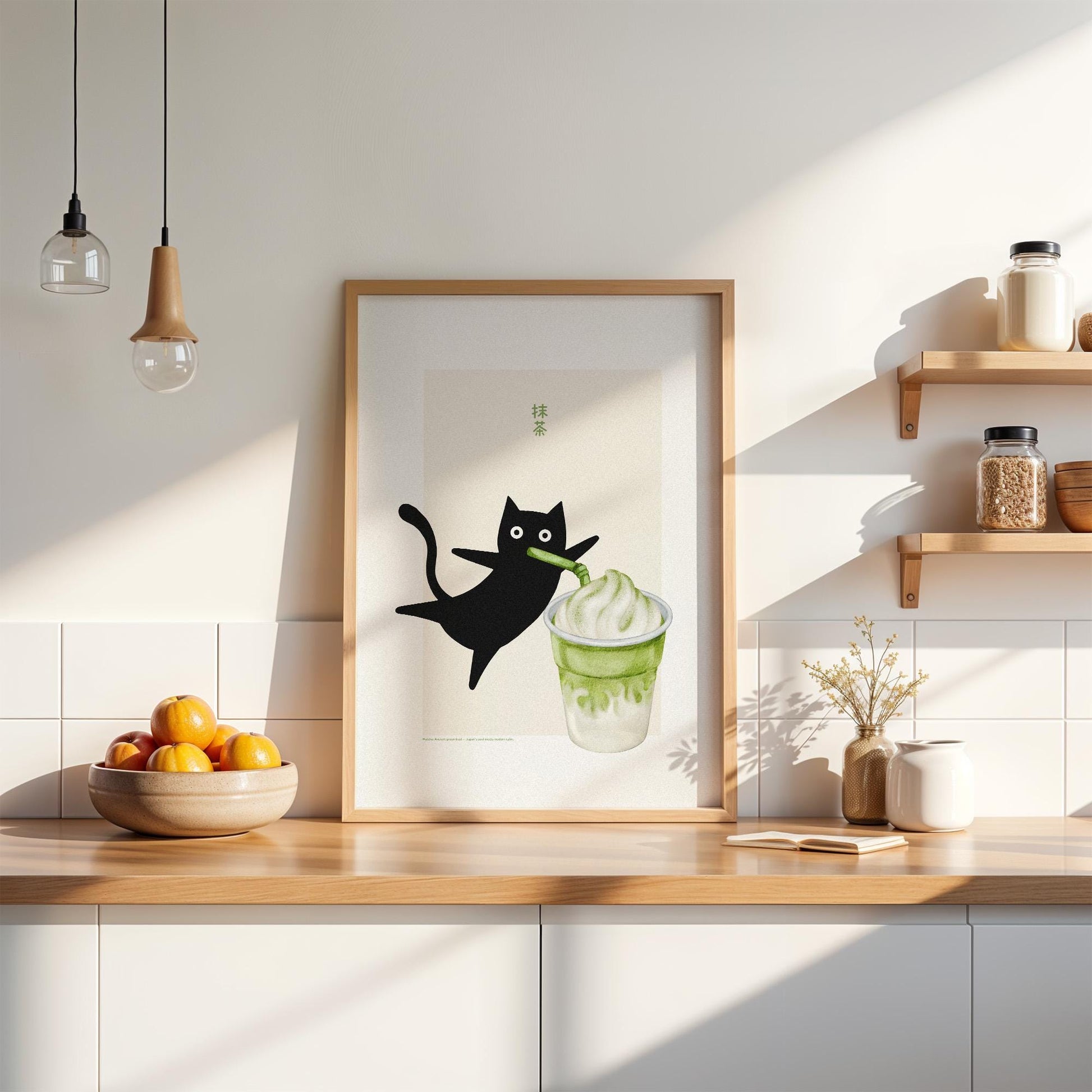 Illustration eines schwarzen Katers, der mit einem Strohhalm an einem Matcha-Soft-Eis schlürft, auf hellem Hintergrund mit japanischer Schrift. Minimalistisches Design mit verspieltem Stil.

Englisch:
Illustration of a black cat sipping matcha soft serve through a straw, set against a light background with Japanese writing. Minimalist and playful design.