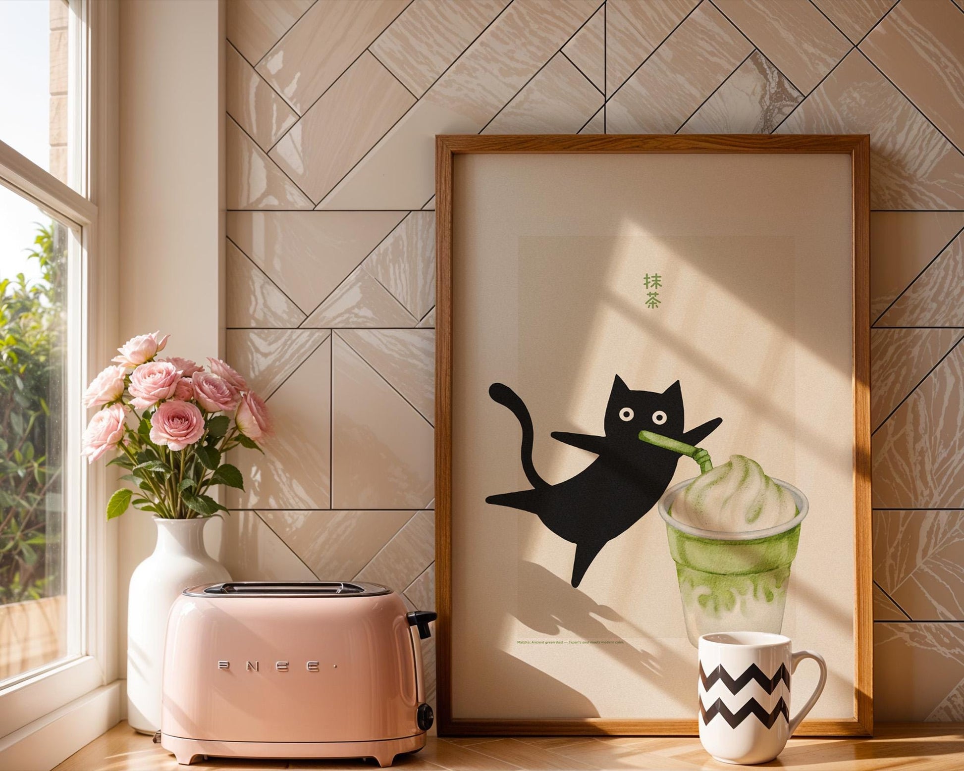 Illustration eines schwarzen Katers, der mit einem Strohhalm an einem Matcha-Soft-Eis schlürft, auf hellem Hintergrund mit japanischer Schrift. Minimalistisches Design mit verspieltem Stil.

Englisch:
Illustration of a black cat sipping matcha soft serve through a straw, set against a light background with Japanese writing. Minimalist and playful design.