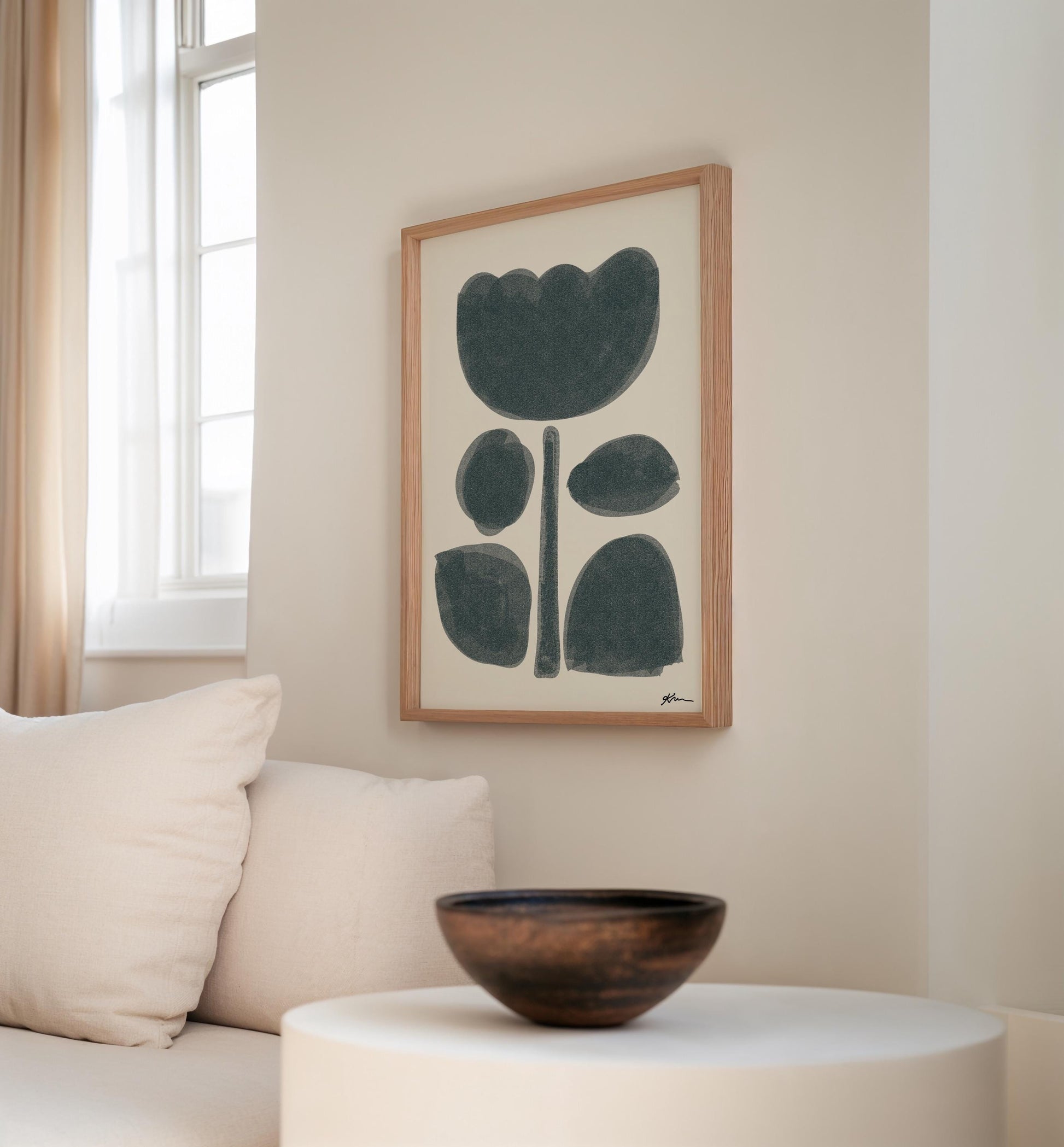 Modern Flower Print | Minimalist Wall Art Flower | Scandinavian Art Poster | Abstract Floral Decor for Living Room | Blue Grain Style