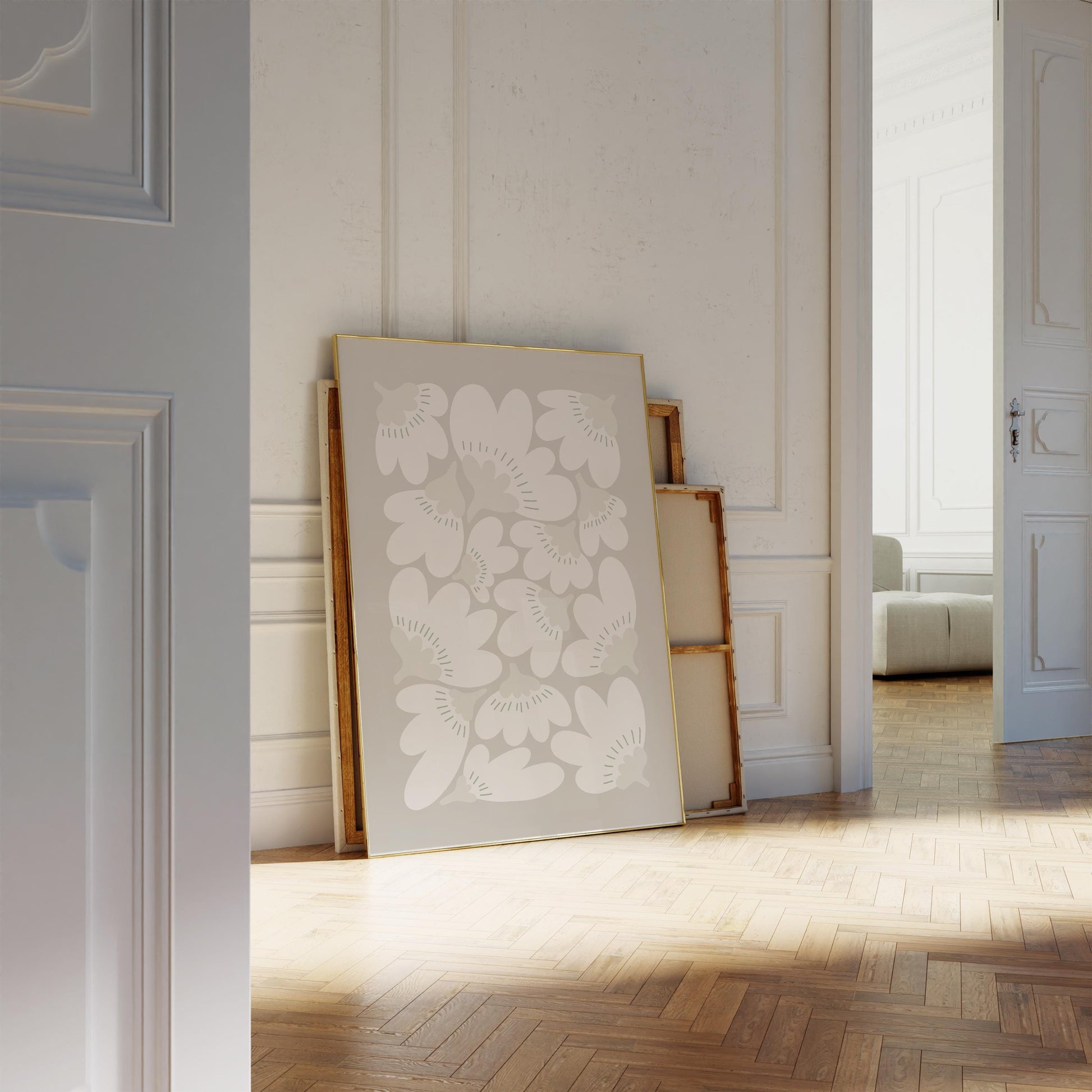 Stilisiertes Blumenmuster auf hellem Hintergrund. Die weißen Blüten mit hellgrauen Kelchen und feinen grünen Strichen wirken ruhig und modern. Perfekt als minimalistisches Wandbild im skandinavischen Stil, ideal für Wohnräume, Büros oder als Geschenk.

Englisch:
Stylized floral pattern on a light background. White flowers with pale gray centers and delicate green lines create a calm and modern look. Ideal as minimalist wall art in Scandinavian style, perfect for living spaces, offices, or