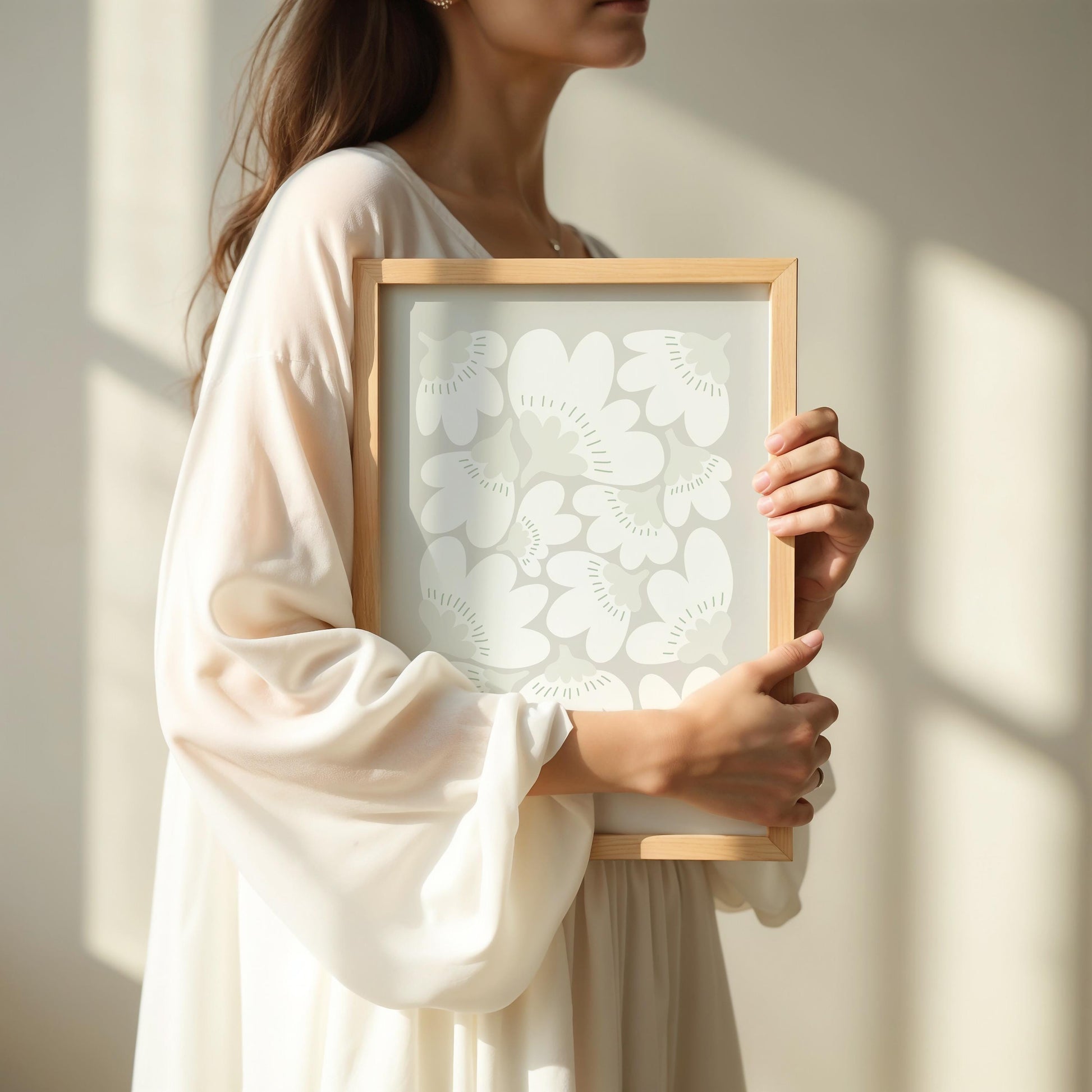 Stilisiertes Blumenmuster auf hellem Hintergrund. Die weißen Blüten mit hellgrauen Kelchen und feinen grünen Strichen wirken ruhig und modern. Perfekt als minimalistisches Wandbild im skandinavischen Stil, ideal für Wohnräume, Büros oder als Geschenk.

Englisch:
Stylized floral pattern on a light background. White flowers with pale gray centers and delicate green lines create a calm and modern look. Ideal as minimalist wall art in Scandinavian style, perfect for living spaces, offices, or