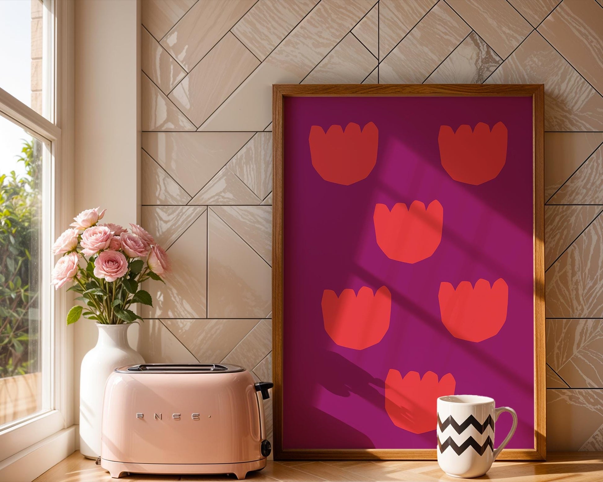 Minimalist flower print with six stylized red tulip-like shapes on a violet background, arranged in two vertical rows. Flat, graphic vector style artwork suitable for modern decor.

🇩🇪 Deutsch:
Minimalistisches Blumenbild mit sechs stilisierten roten Blüten auf violettem Hintergrund, in zwei vertikalen Reihen angeordnet. Flacher, grafischer Vektor-Stil für moderne Einrichtung.