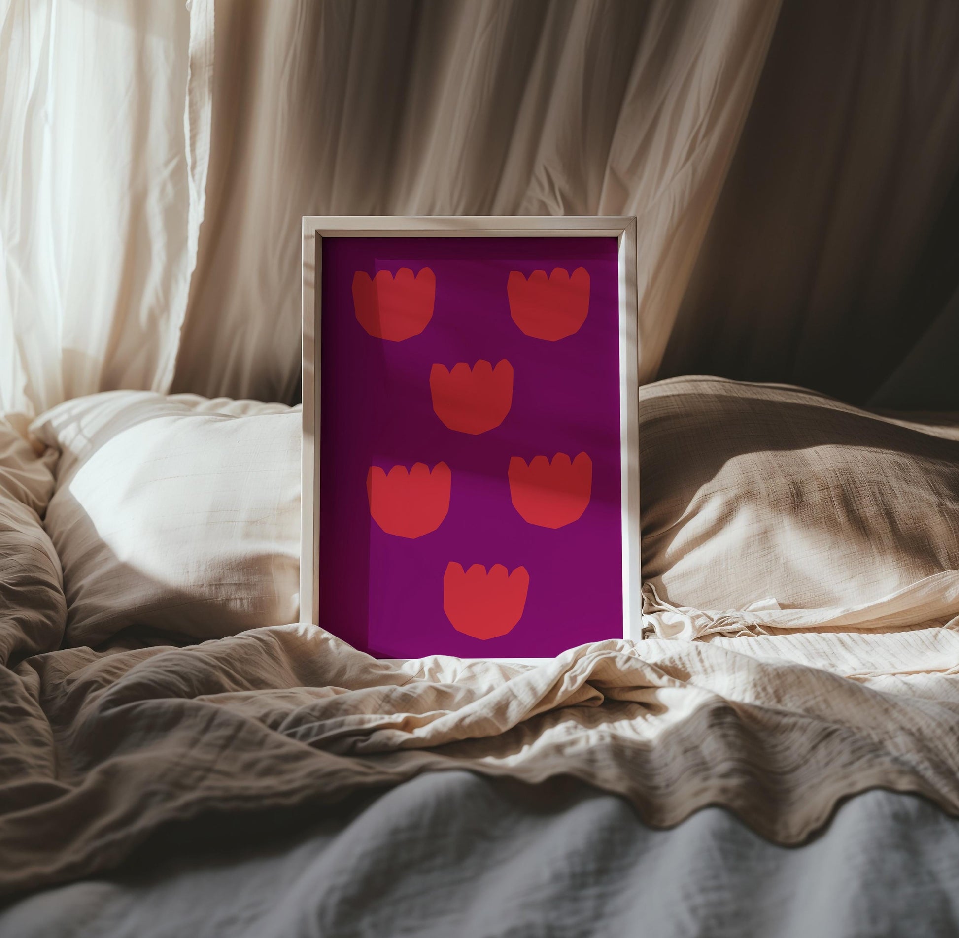 Minimalist flower print with six stylized red tulip-like shapes on a violet background, arranged in two vertical rows. Flat, graphic vector style artwork suitable for modern decor.

🇩🇪 Deutsch:
Minimalistisches Blumenbild mit sechs stilisierten roten Blüten auf violettem Hintergrund, in zwei vertikalen Reihen angeordnet. Flacher, grafischer Vektor-Stil für moderne Einrichtung.