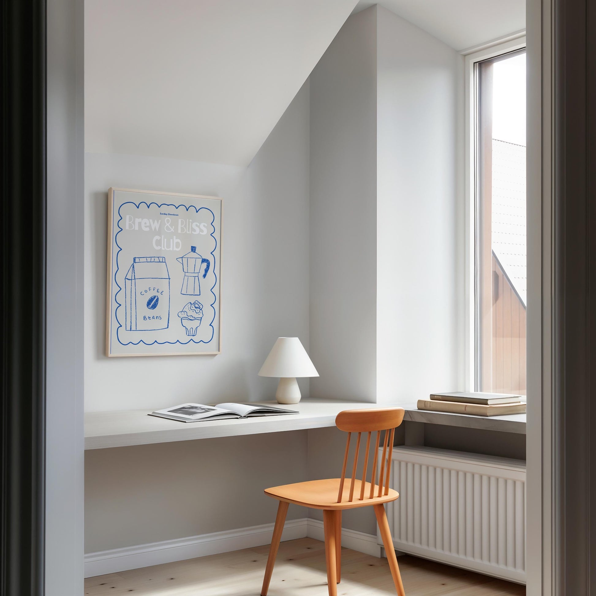 Hand-drawn poster with the title &quot;Brew & Bliss Club&quot;, featuring blue line art of coffee beans, moka pot, and dessert on a beige background, surrounded by a wavy blue frame. Perfect for coffee lovers and cozy home decor.

🇩🇪 DEUTSCH:
Handgezeichnetes Poster mit dem Titel „Brew & Bliss Club“, zeigt blaue Linienzeichnungen von Kaffeebohnen, Espressokanne und Dessert auf beigem Hintergrund mit welligem blauen Rahmen. Ideal für Kaffeeliebhaber und gemütliche Deko.