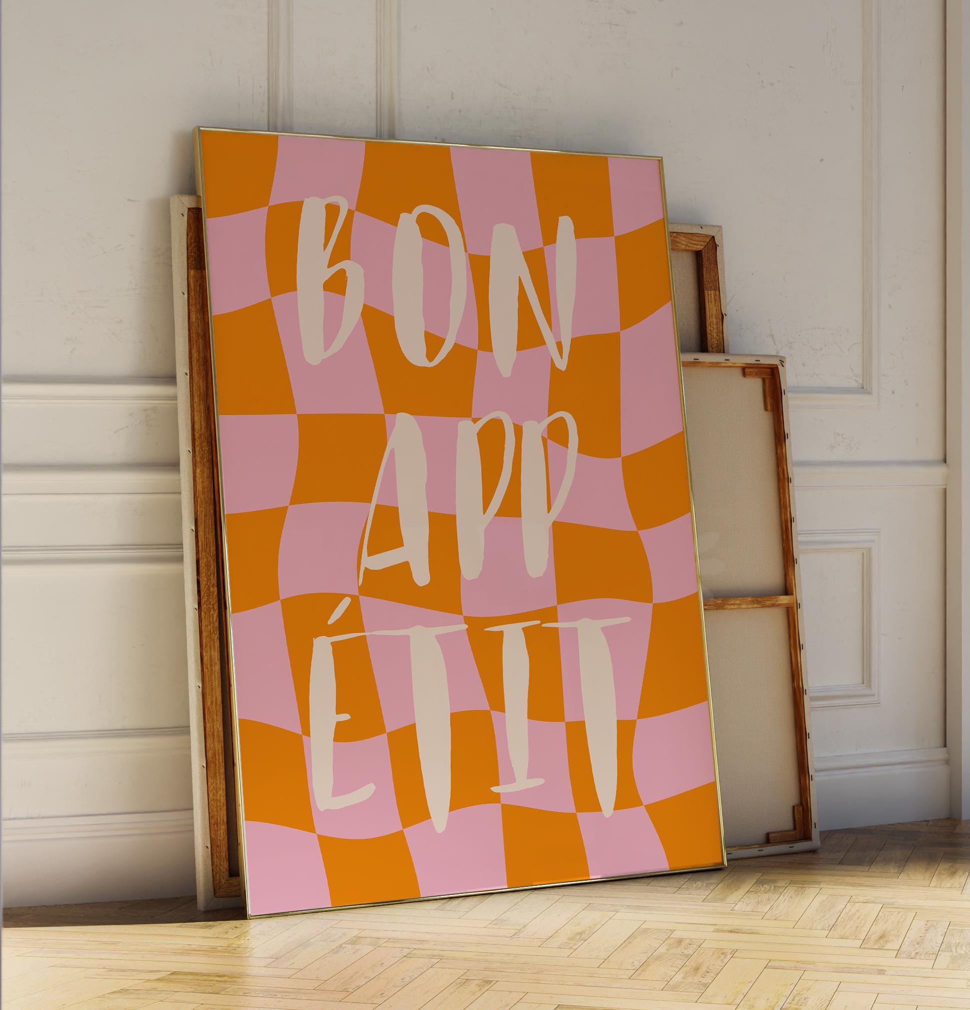 Bon Appétit Poster | Stylish Pink & White Checkered Typography Print to Add a Warm Touch to Your Living Room | digitaler Download