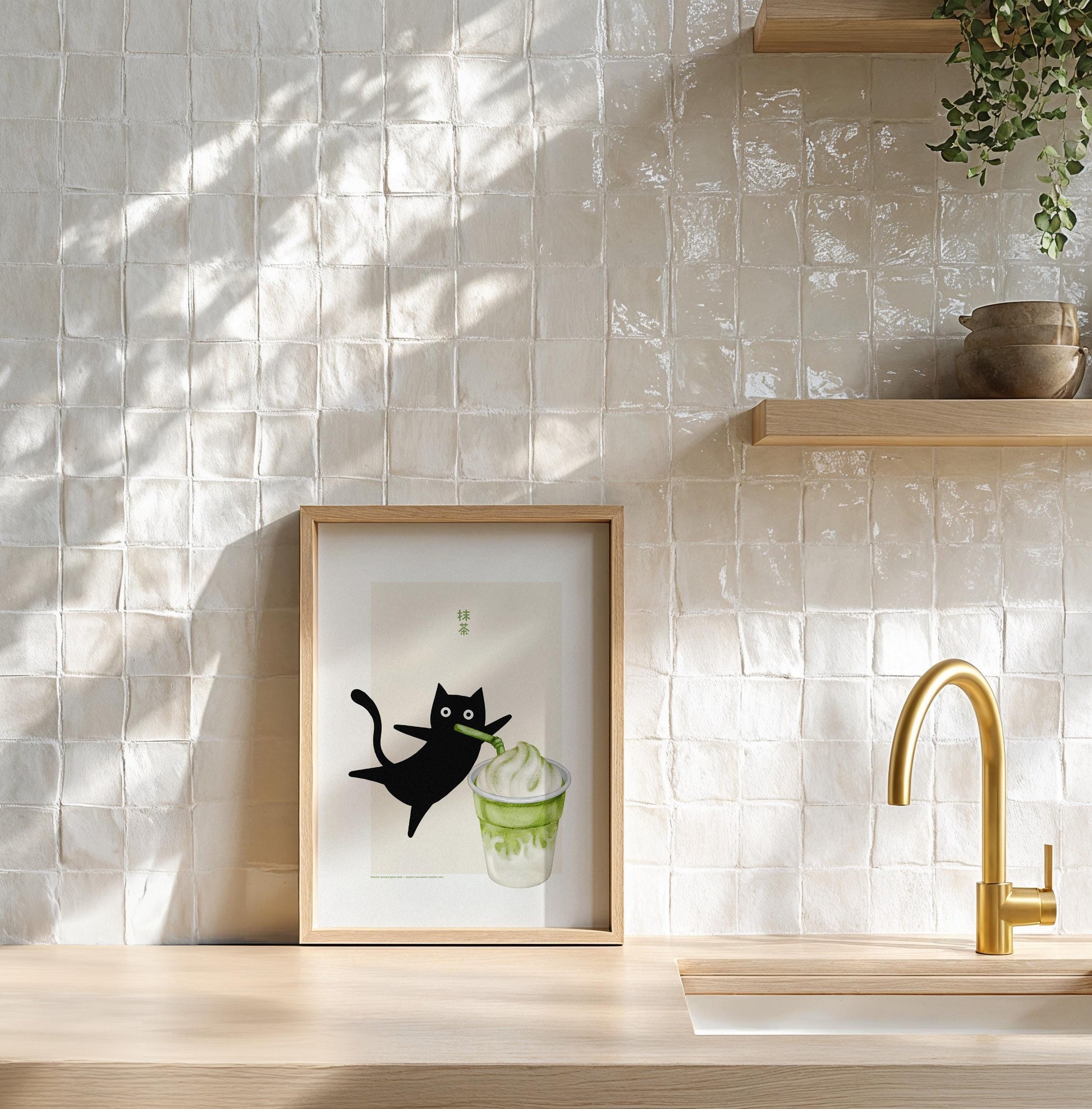 Illustration eines schwarzen Katers, der mit einem Strohhalm an einem Matcha-Soft-Eis schlürft, auf hellem Hintergrund mit japanischer Schrift. Minimalistisches Design mit verspieltem Stil.

Englisch:
Illustration of a black cat sipping matcha soft serve through a straw, set against a light background with Japanese writing. Minimalist and playful design.