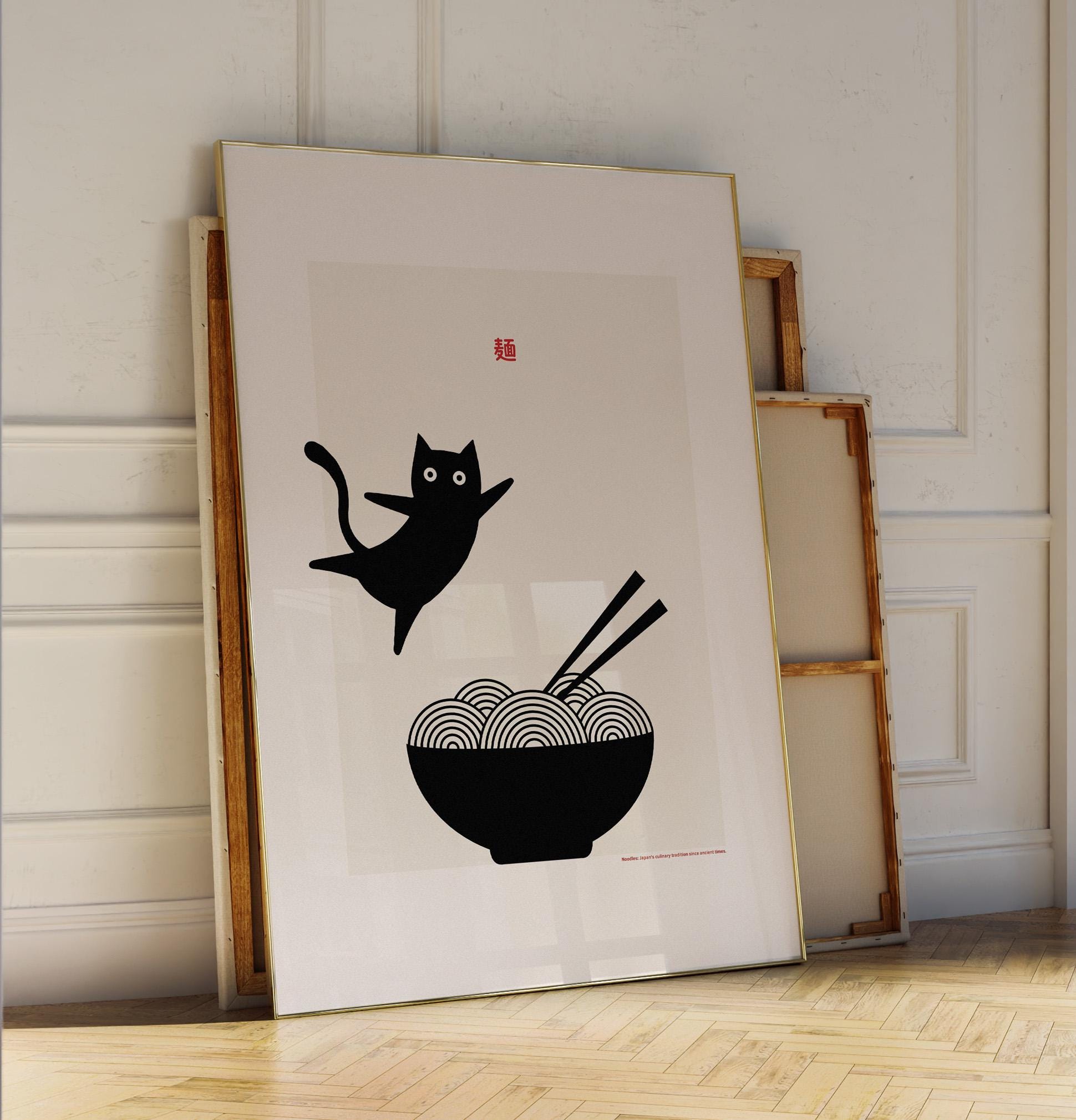 Japan Poster "Noodles and Cat I" | Japanese Wall Art | Japandi Noodles | Japanese Poster | Food Art | Retro Poster With Grain Finish