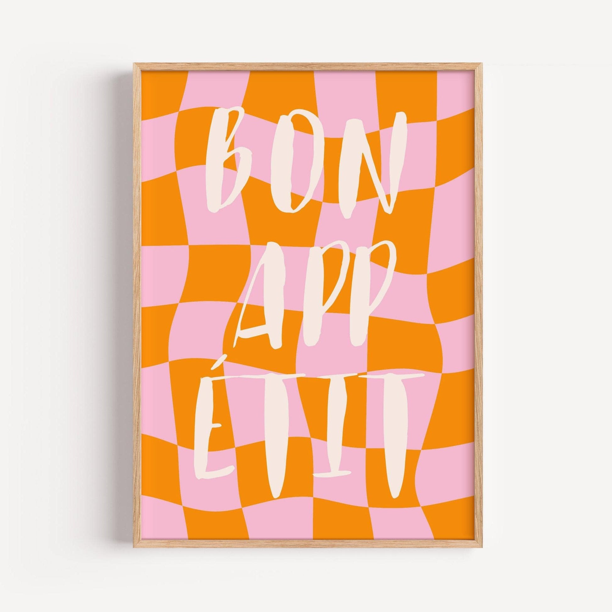 Bon Appétit Poster | Stylish Pink & White Checkered Typography Print to Add a Warm Touch to Your Living Room | digitaler Download