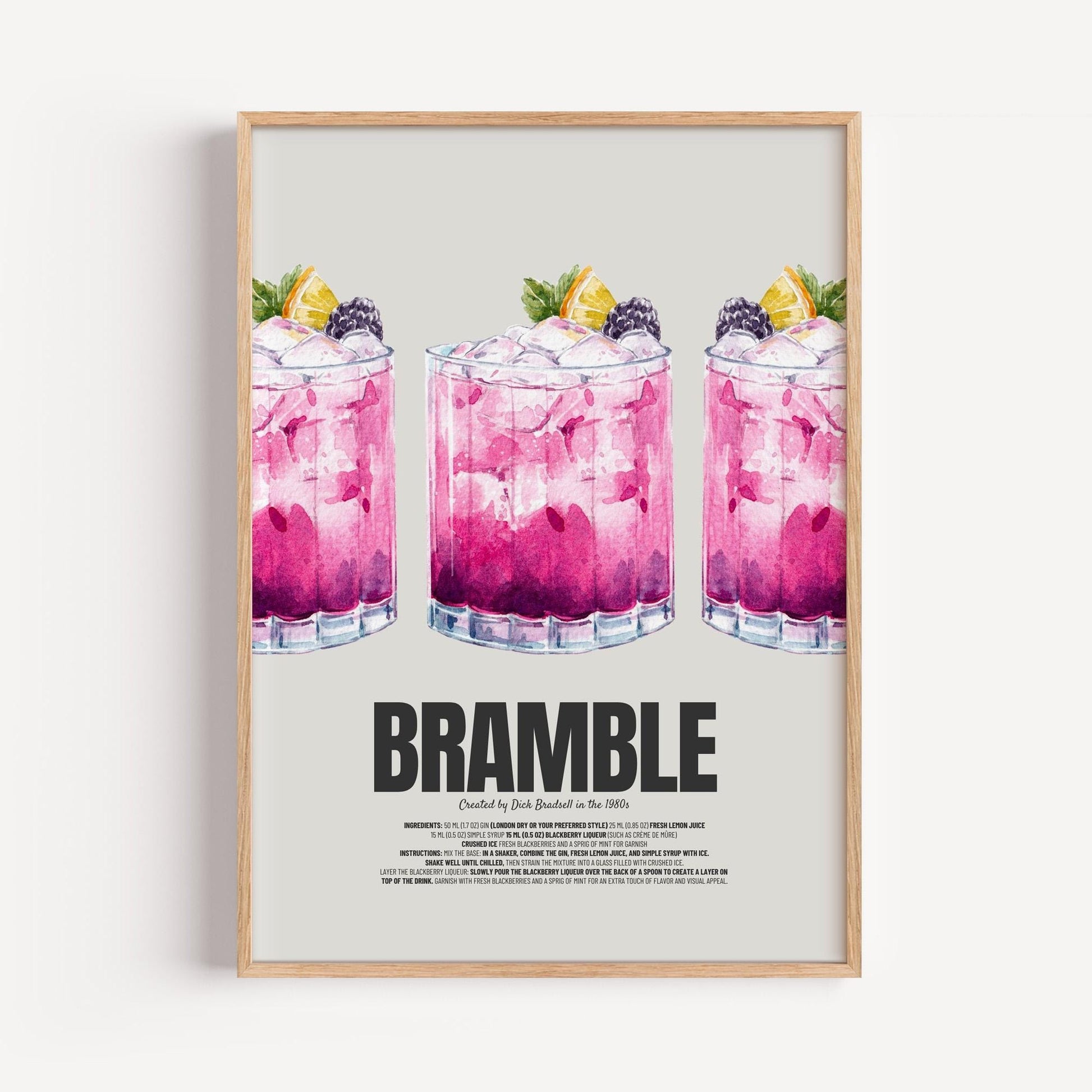 Bramble Cocktail Poster | Watercolor Cocktail Print | Bar Wall Decor | Bramble Recipe Print | Mixology Art | Kitchen Wall Art