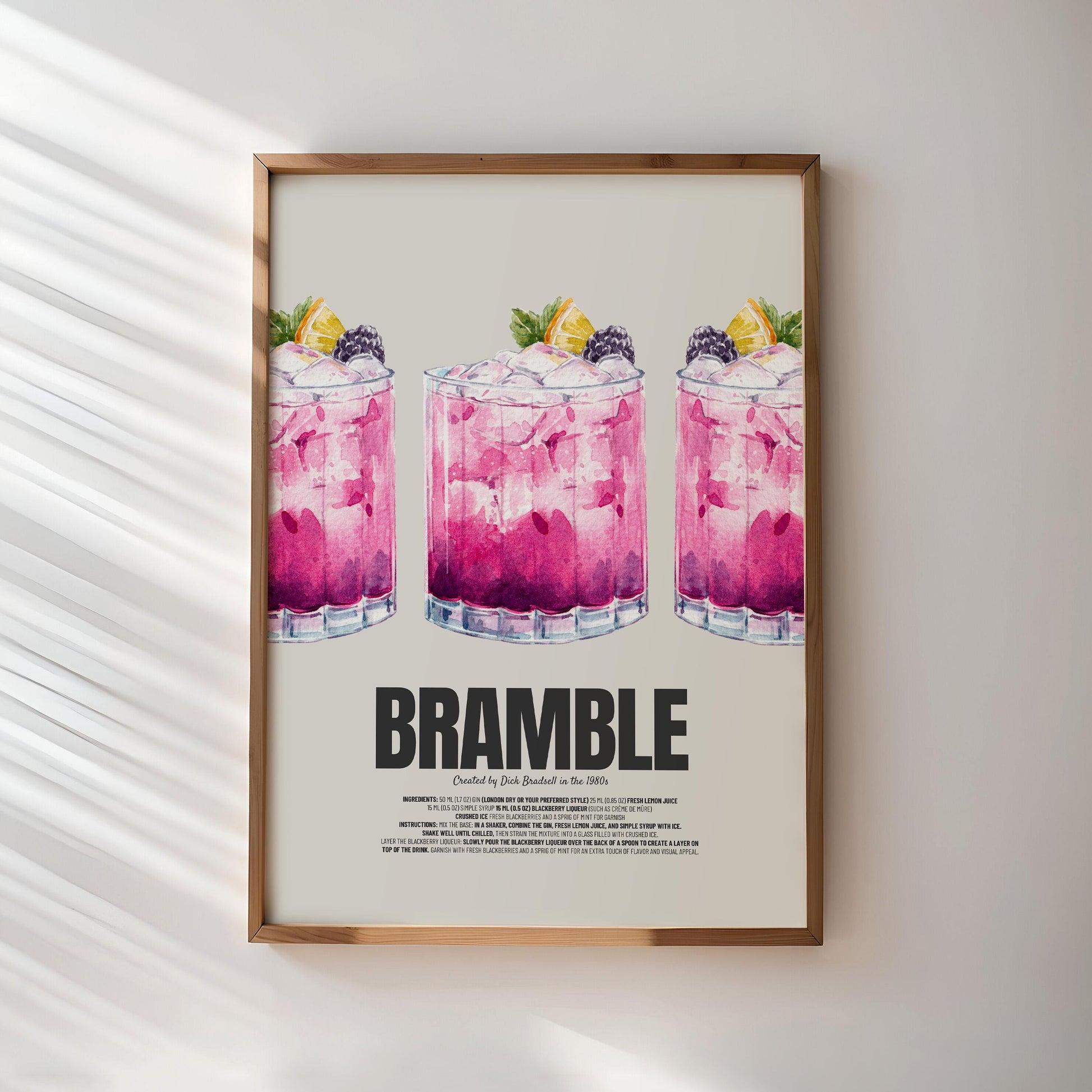 Bramble Cocktail Poster | Watercolor Cocktail Print | Bar Wall Decor | Bramble Recipe Print | Mixology Art | Kitchen Wall Art