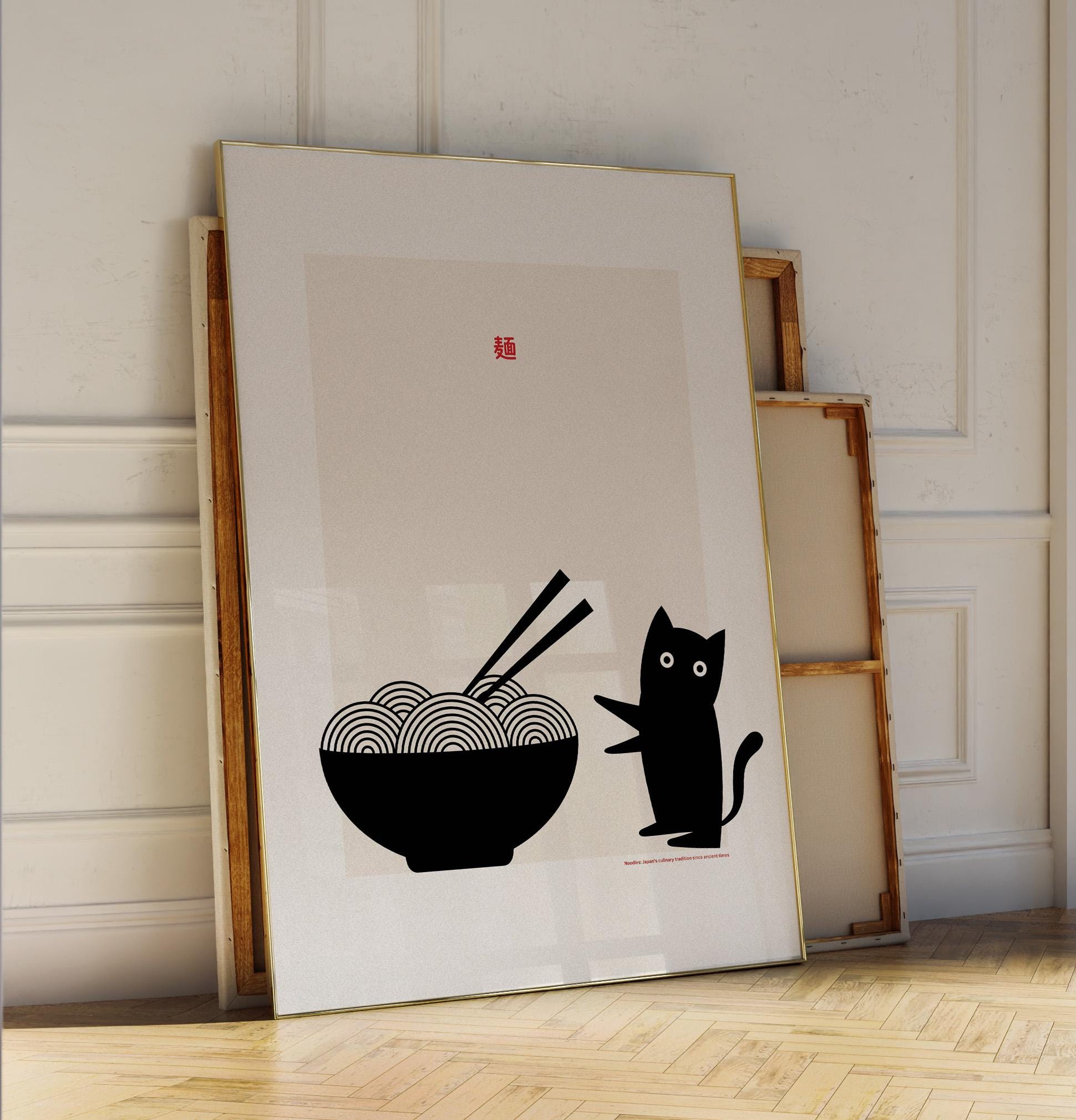 Nudel und Katze III | Japanese Wall Art | Japandi Noodles | Japanese Poster | Food Art | Retro Poster With Grain Finish