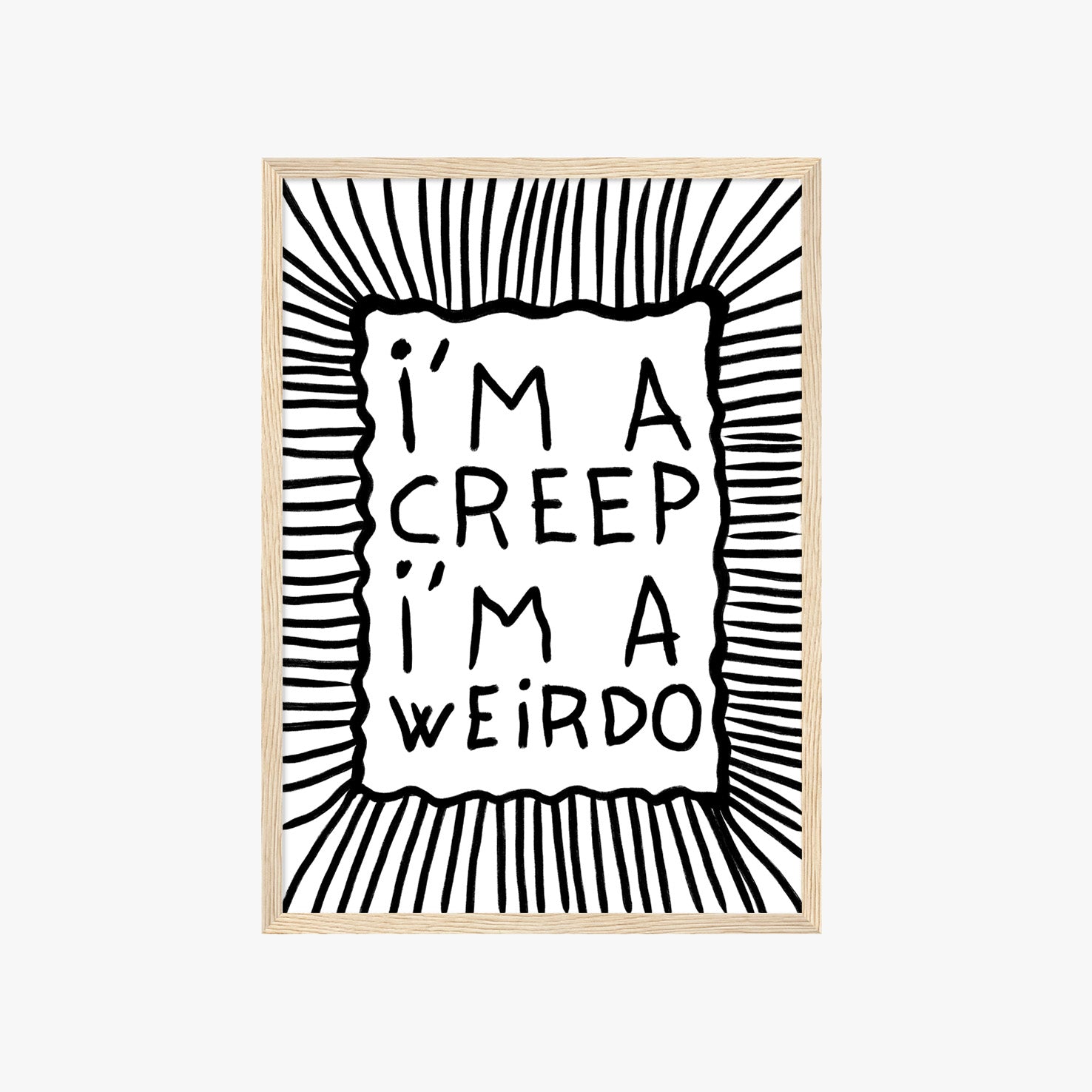 Schwarz weißes I’m A Weirdo Poster mit handgezeichneter Typografie und Linienmuster
Modernes Typography Poster im alternativen Indie Stil für kreative Wohnräume
Minimalistisches Statement Poster mit schwarzer Schrift und abstrakten Linien