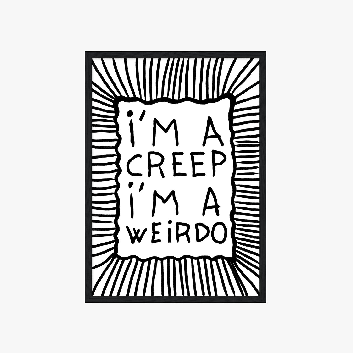 Schwarz weißes I’m A Weirdo Poster mit handgezeichneter Typografie und Linienmuster
Modernes Typography Poster im alternativen Indie Stil für kreative Wohnräume
Minimalistisches Statement Poster mit schwarzer Schrift und abstrakten Linien