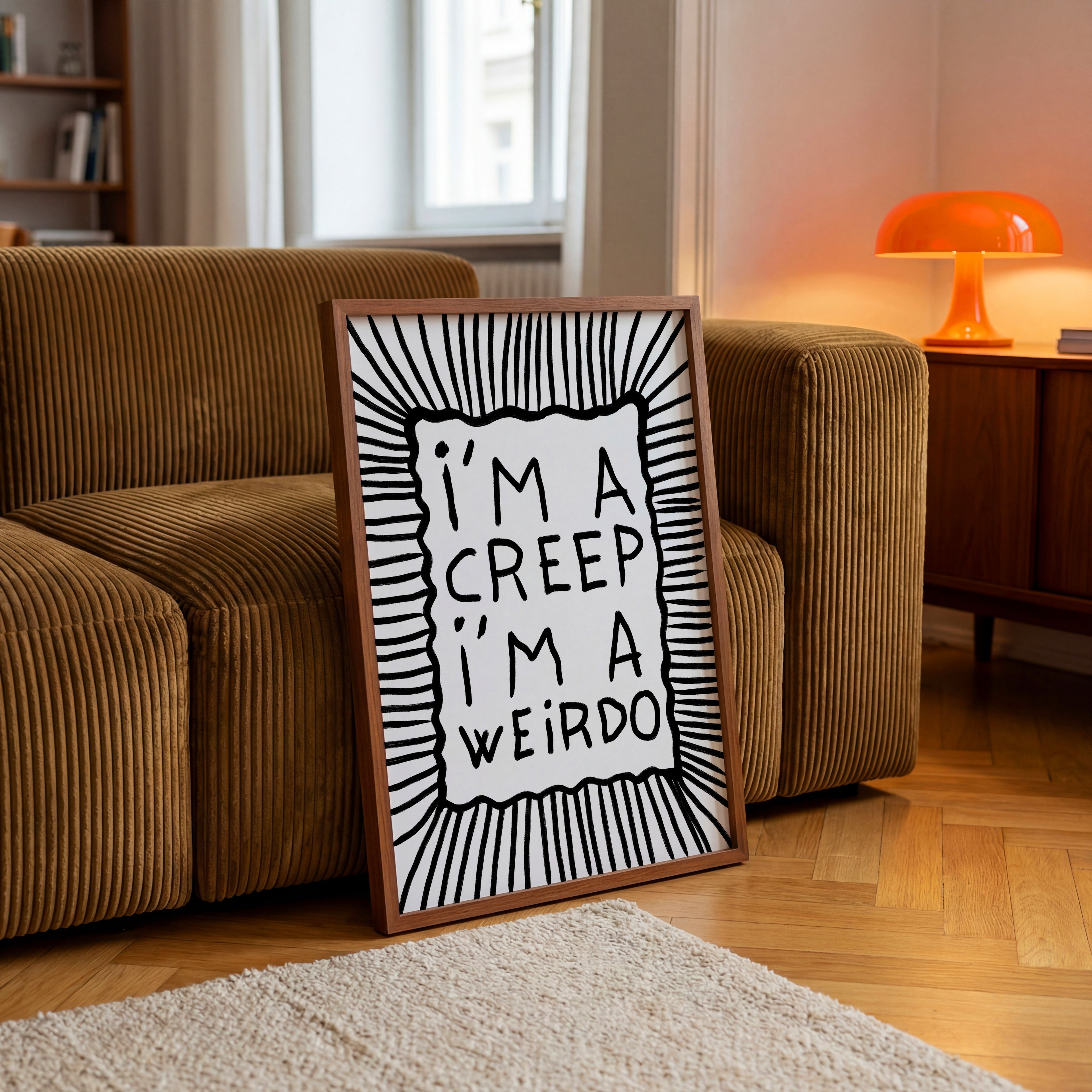 Schwarz weißes I’m A Weirdo Poster mit handgezeichneter Typografie und Linienmuster
Modernes Typography Poster im alternativen Indie Stil für kreative Wohnräume
Minimalistisches Statement Poster mit schwarzer Schrift und abstrakten Linien