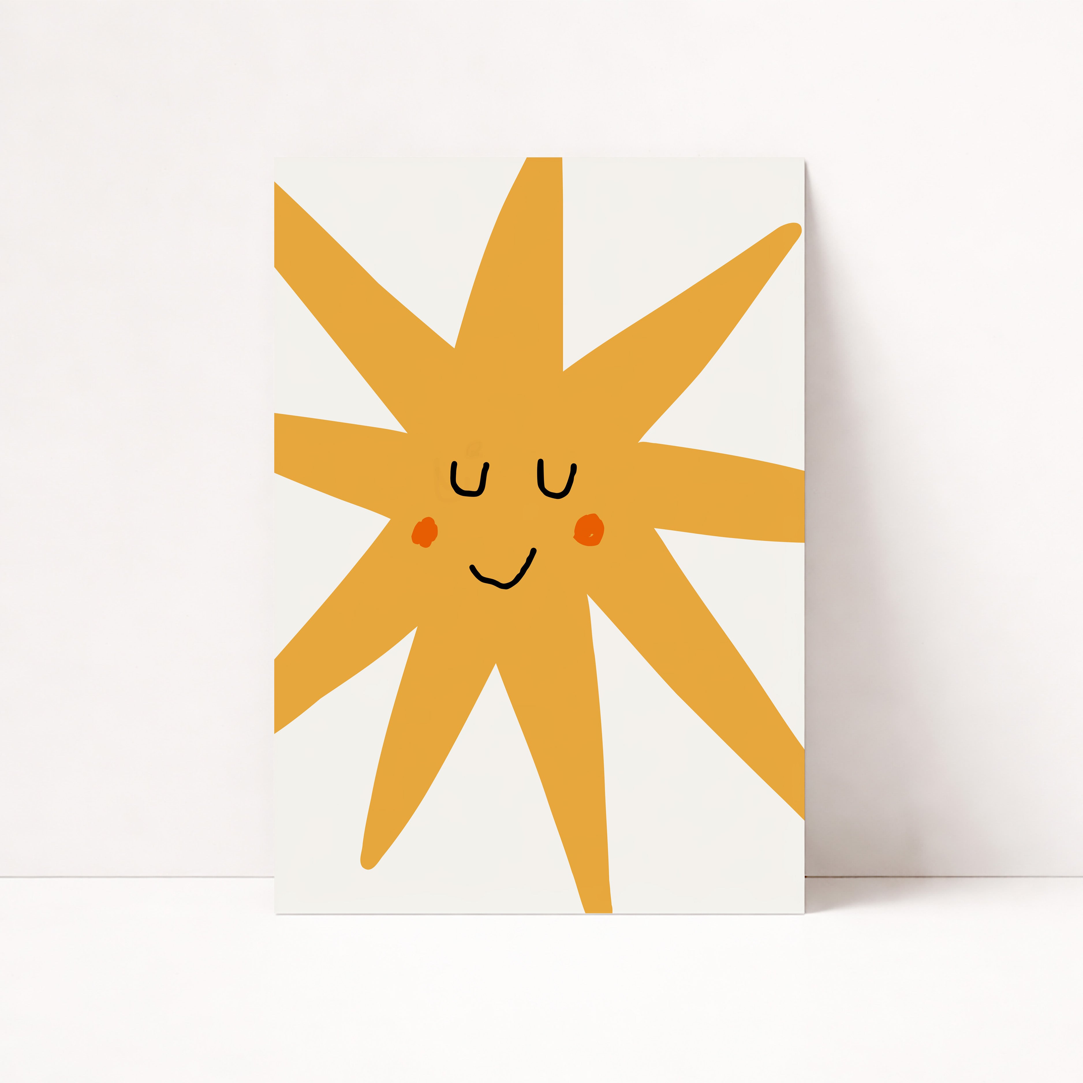 Minimalistisches Sonne Poster für das Kinderzimmer in warmem Gelb mit freundlichem Gesicht, moderne skandinavische Wandkunst für Babyzimmer, Spielzimmer oder liebevoll gestaltete Wohnräume mit heller, ruhiger Atmosphäre
