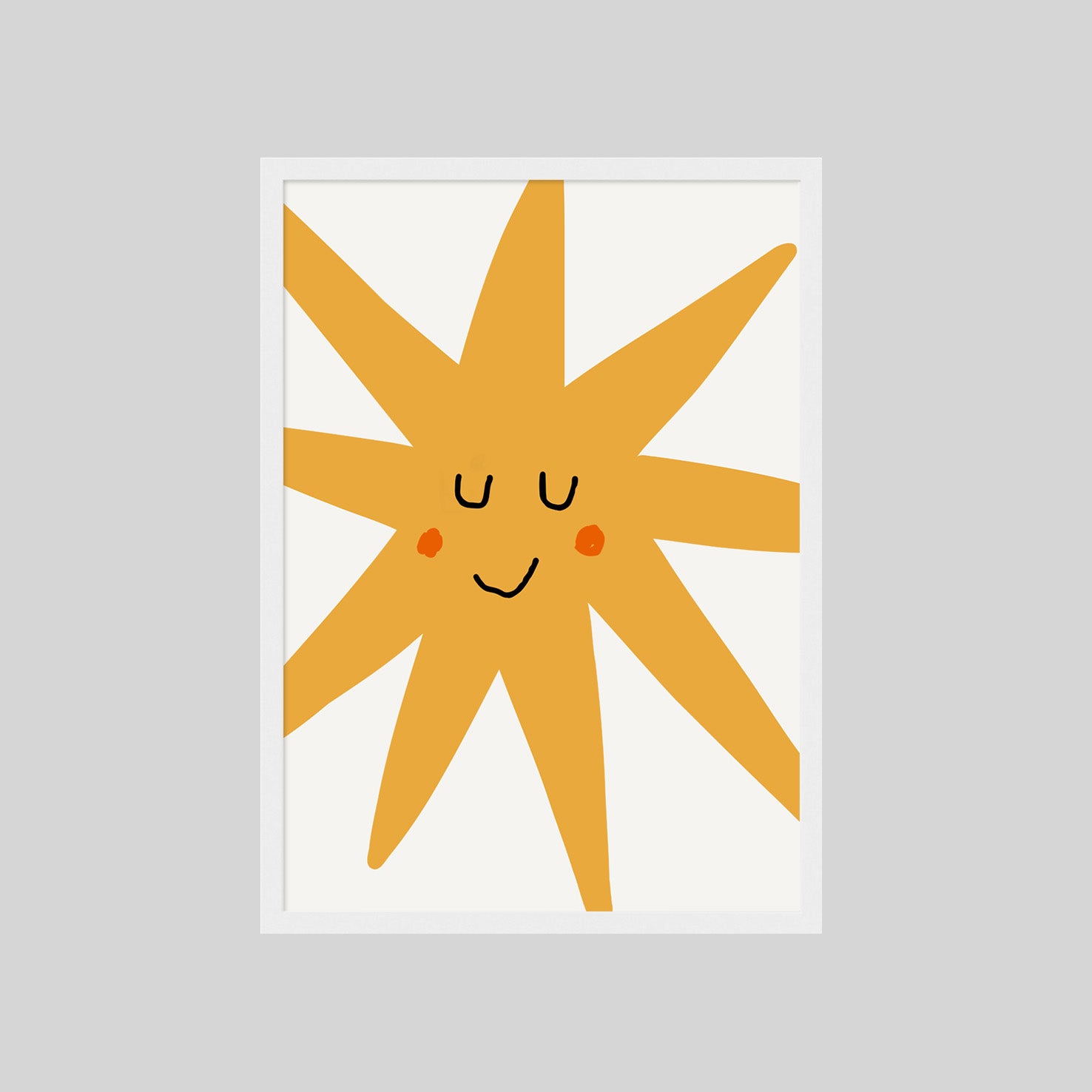 Minimalistisches Sonne Poster für das Kinderzimmer in warmem Gelb mit freundlichem Gesicht, moderne skandinavische Wandkunst für Babyzimmer, Spielzimmer oder liebevoll gestaltete Wohnräume mit heller, ruhiger Atmosphäre