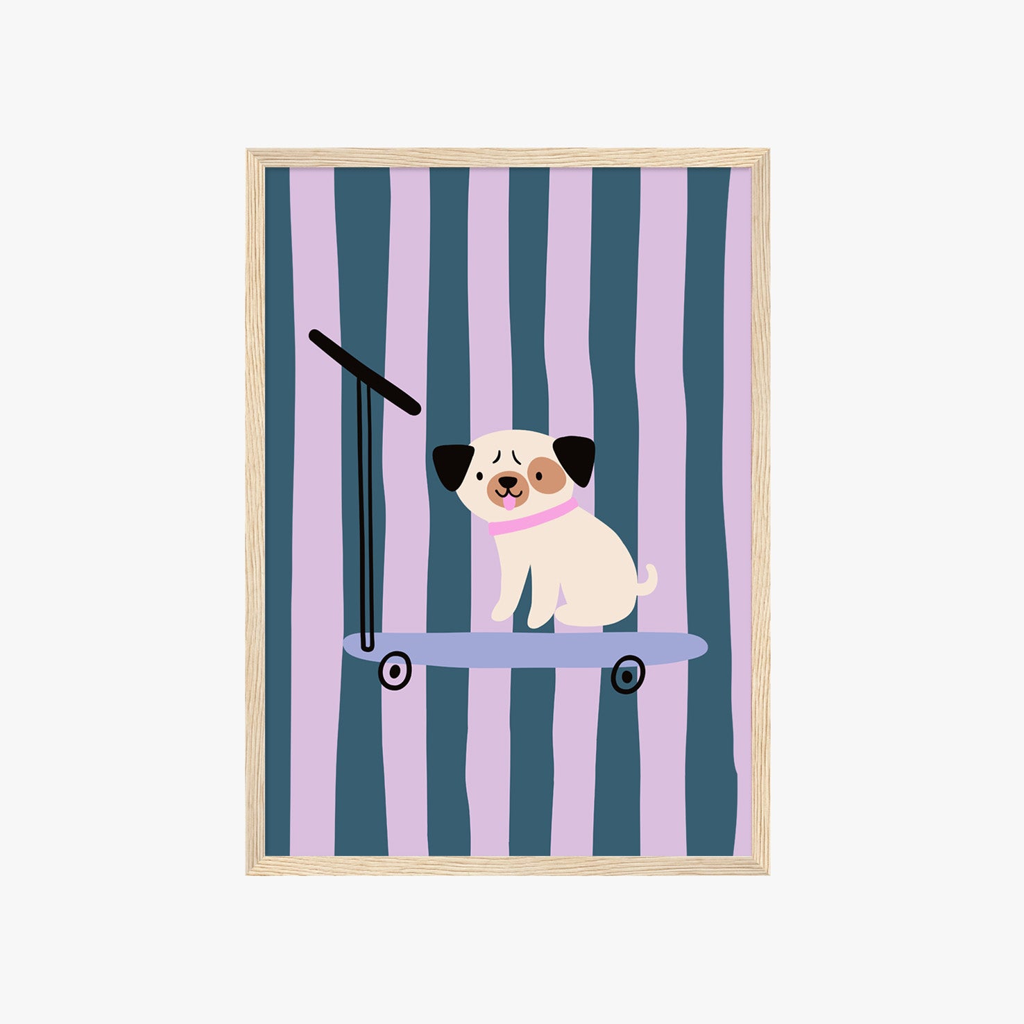 Aesthetic Kinderposter mit niedlichem Hund auf Skateboard und sanften Farben – kreative Wanddeko für moderne Kinderzimmer

Skandinavisches Tierposter mit Mops auf Skateboard und Streifenmuster – liebevolle Wandgestaltung für Kinderzimmer