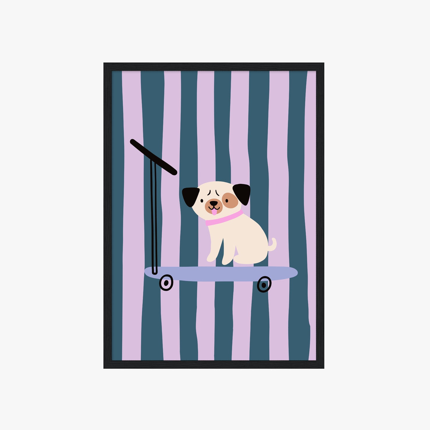 Aesthetic Kinderposter mit niedlichem Hund auf Skateboard und sanften Farben – kreative Wanddeko für moderne Kinderzimmer

Skandinavisches Tierposter mit Mops auf Skateboard und Streifenmuster – liebevolle Wandgestaltung für Kinderzimmer