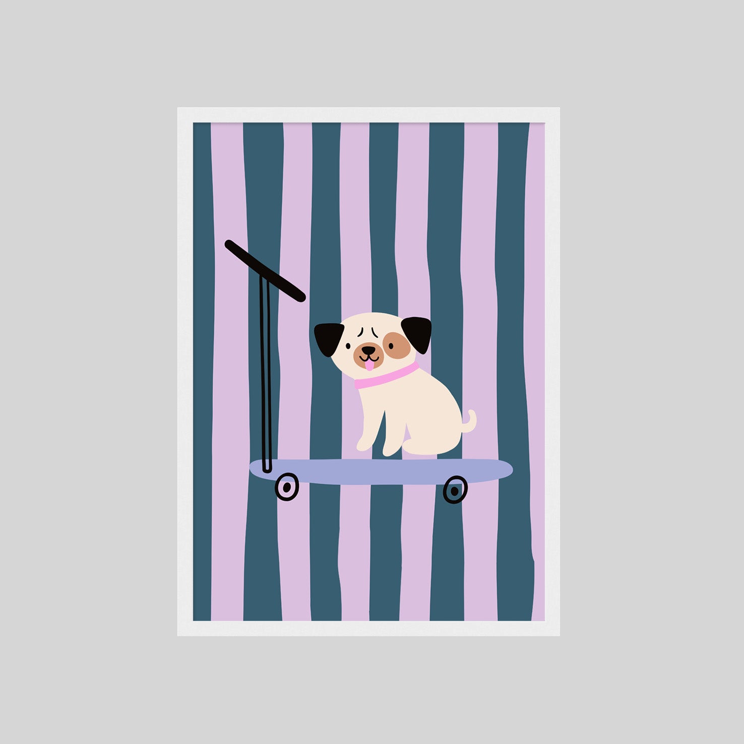 Aesthetic Kinderposter mit niedlichem Hund auf Skateboard und sanften Farben – kreative Wanddeko für moderne Kinderzimmer

Skandinavisches Tierposter mit Mops auf Skateboard und Streifenmuster – liebevolle Wandgestaltung für Kinderzimmer
