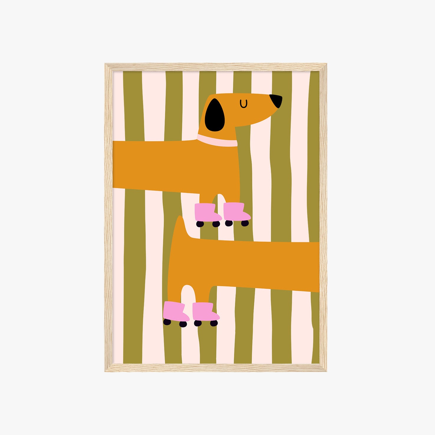 Süßes Kinderposter mit Dackel Illustration in warmen Farben und gestreiftem Hintergrund – moderne Wanddeko fürs Kinderzimmer