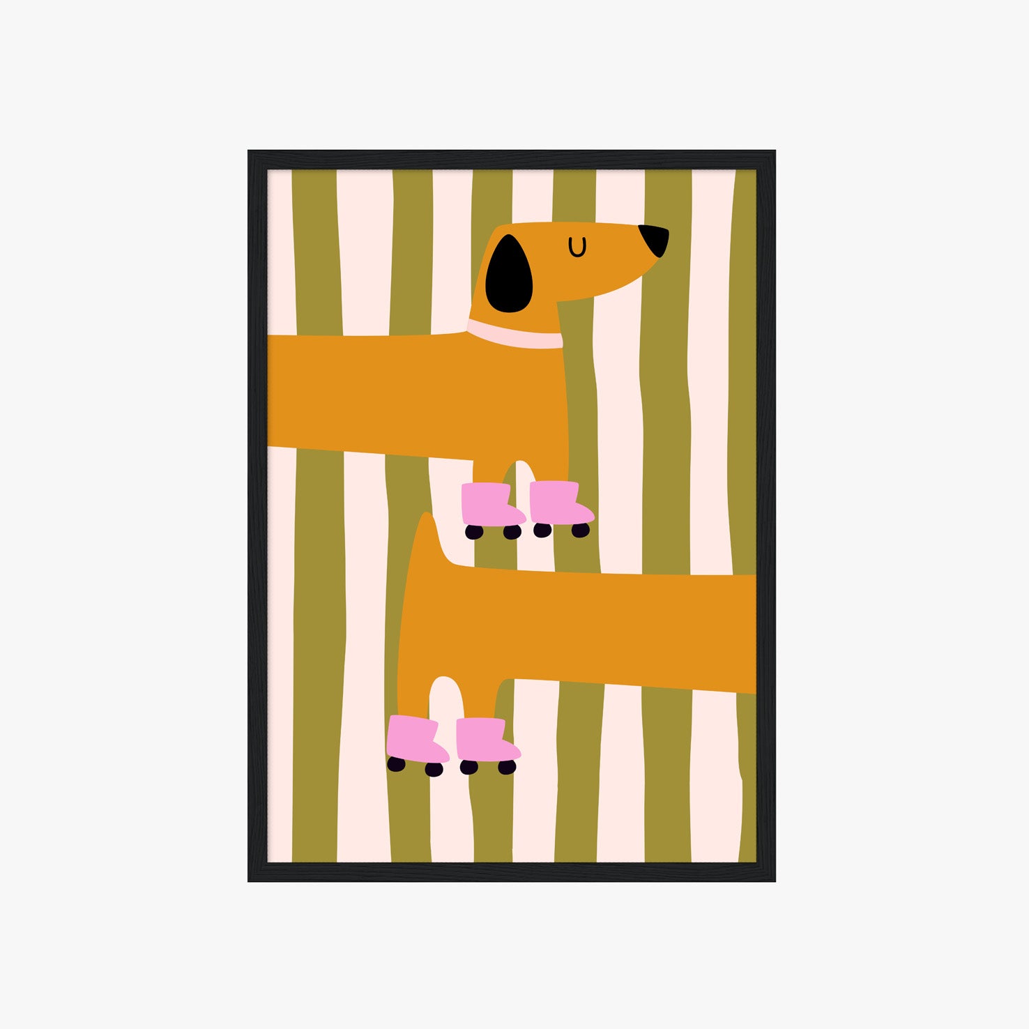 Süßes Kinderposter mit Dackel Illustration in warmen Farben und gestreiftem Hintergrund – moderne Wanddeko fürs Kinderzimmer