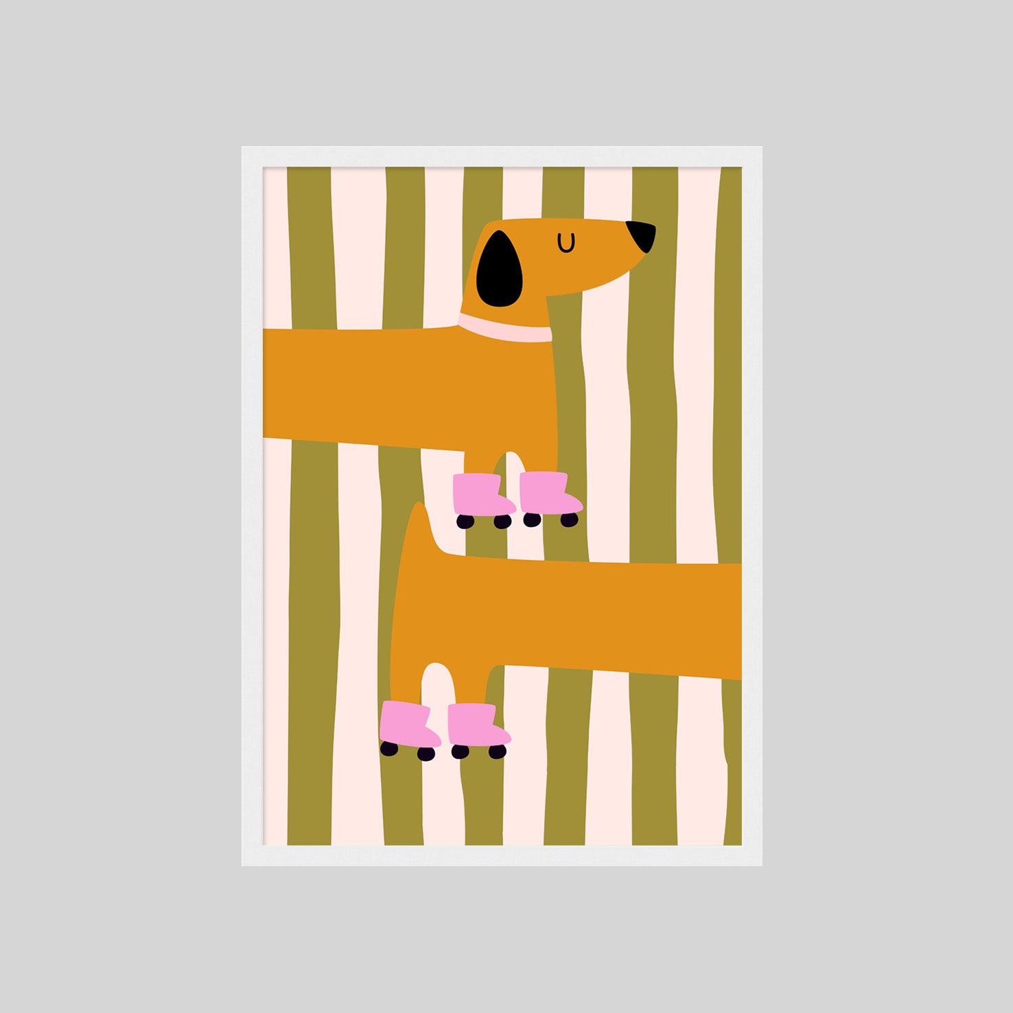 Süßes Kinderposter mit Dackel Illustration in warmen Farben und gestreiftem Hintergrund – moderne Wanddeko fürs Kinderzimmer