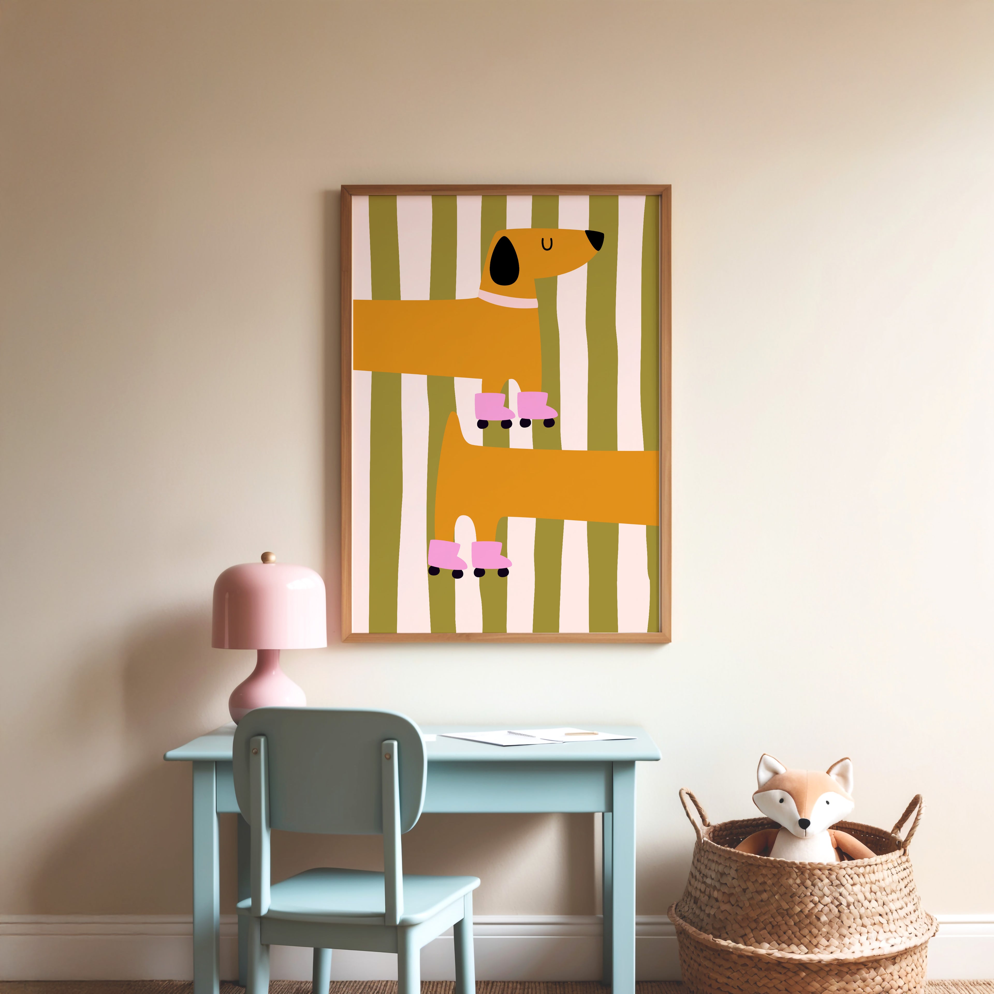 Minimalistisches Dackel Poster mit verspieltem Design und sanften Farben – stilvolle Wandkunst für Babyzimmer oder Spielzimmer