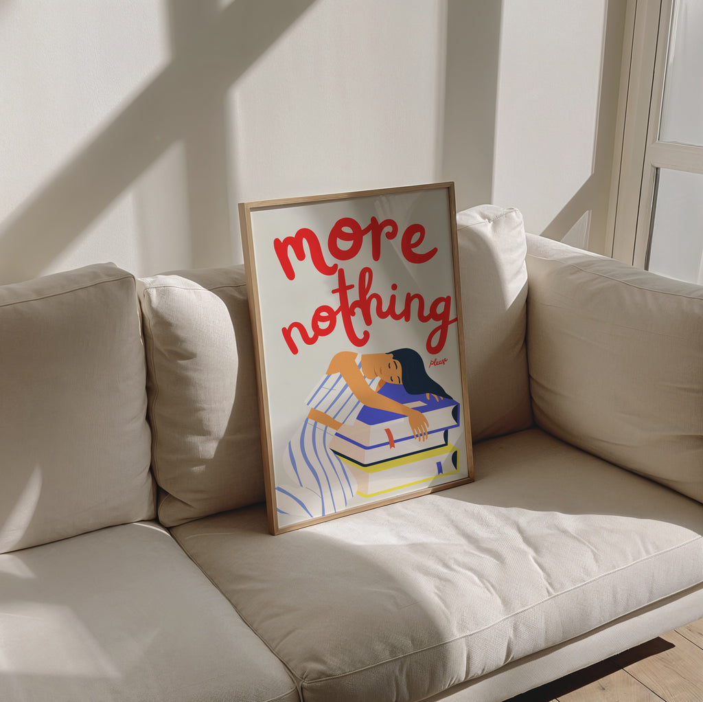 Modernes Typografie-Poster mit schlafender Frau auf Büchern im minimalistischen Retro-Stil