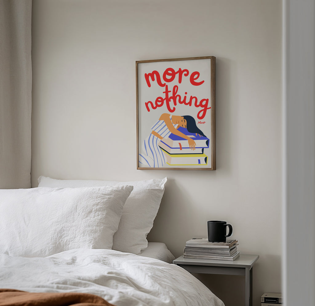 Selfcare Wandbild mit Illustration einer ruhenden Frau und Statement „more nothing please“