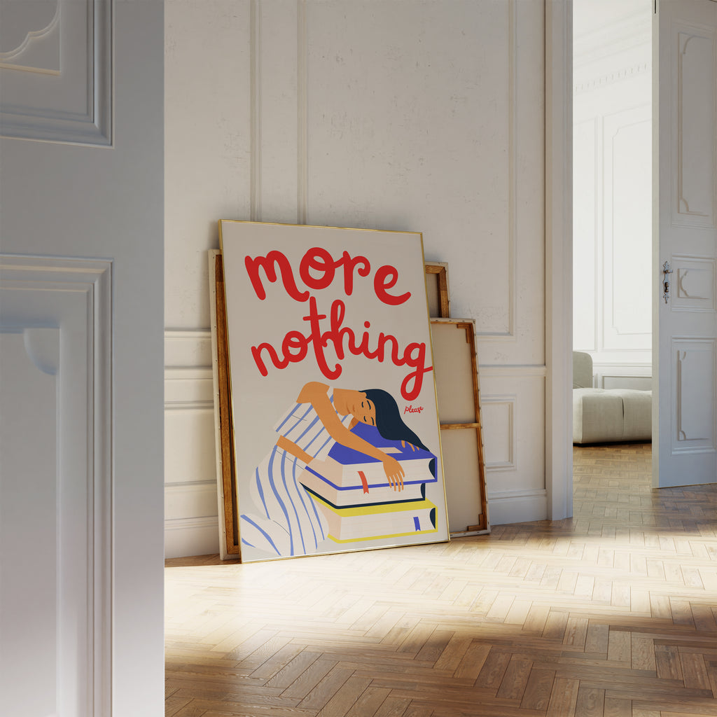Vertikales Poster mit roter Handlettering-Schrift und entspannter Leseszenen-Illustration