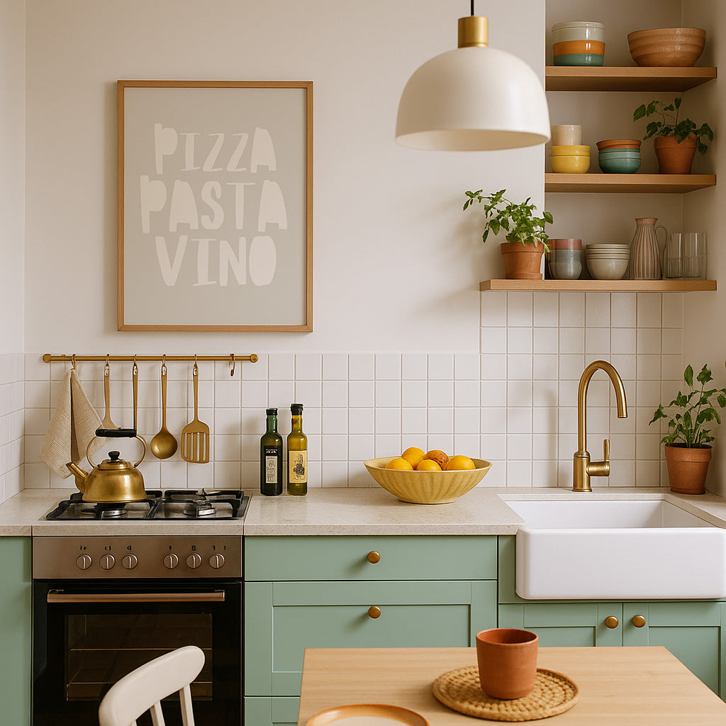 Modernes Typografie Poster mit Pizza Pasta Vino Schriftzug in neutralen Farben für stilvolle Küchen- und Esszimmerdeko