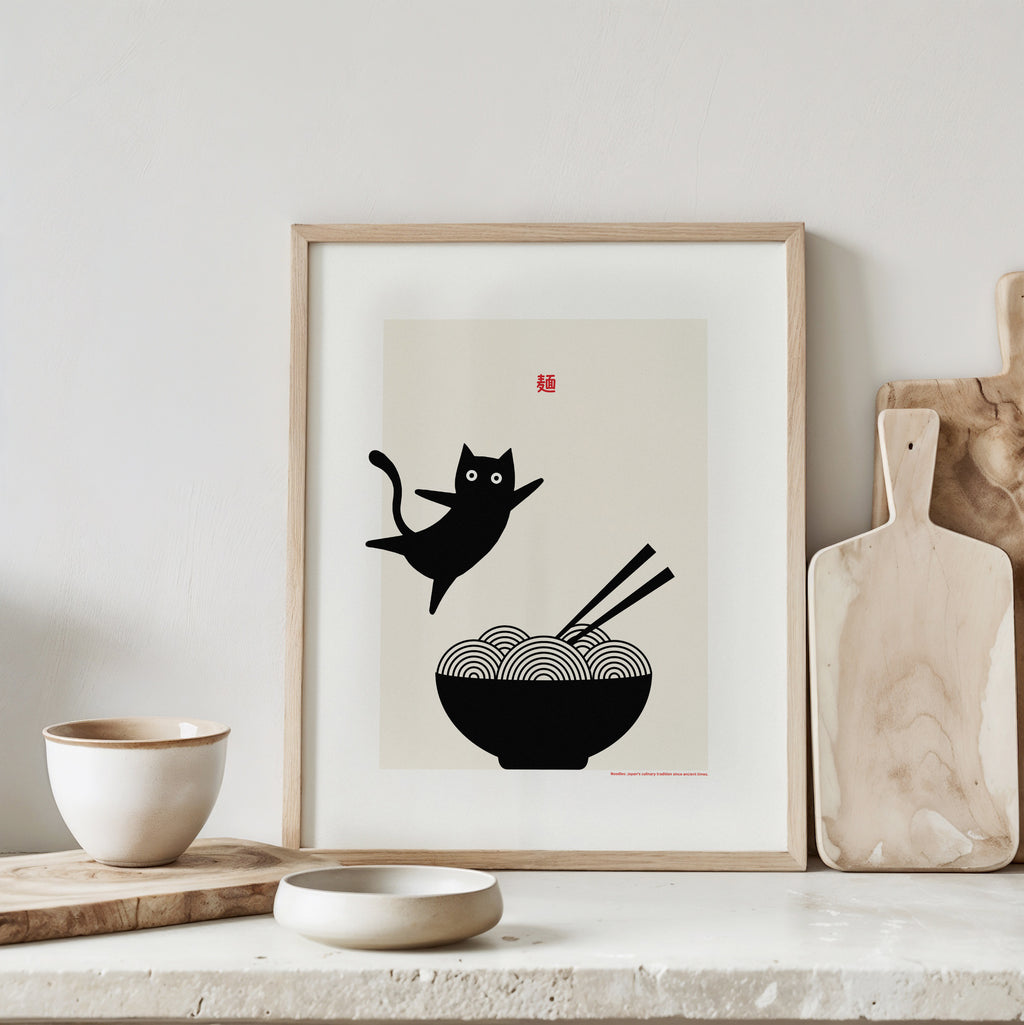 Japanese noodle cat poster in minimal retro style, aesthetic food illustration print for modern home