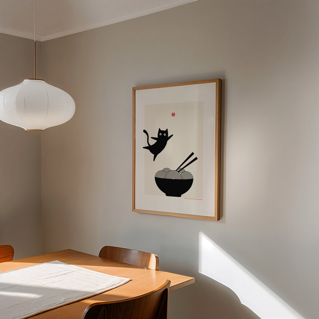 Cute cat food wall art print inspired by Japanese ramen culture, clean and contemporary poster design