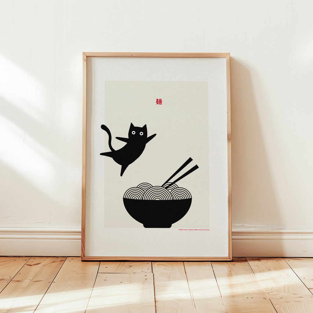 Cat food poster design with playful black cat and ramen bowl, Scandinavian style kitchen wall decor