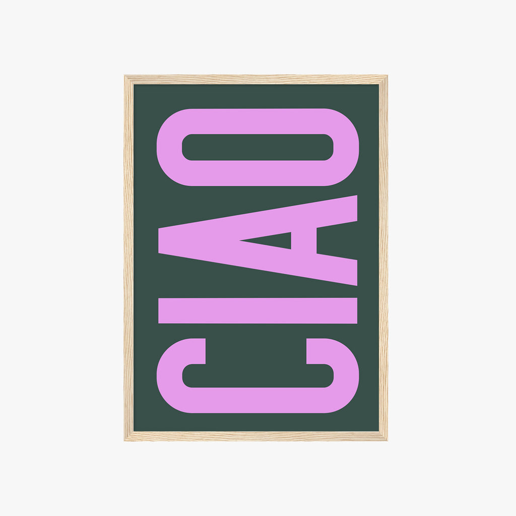 Minimalistisches Ciao Typografie Poster in Lila und Grün – moderne Wanddeko für Wohnzimmer
